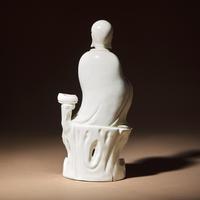 A Chinese Blanc-de-Chine Porcelain Seated Figure of Damo with 'He Chaozong' Mark, Qing Dynasty — 清 何朝宗款“隻履西歸”德化白瓷達摩坐像
