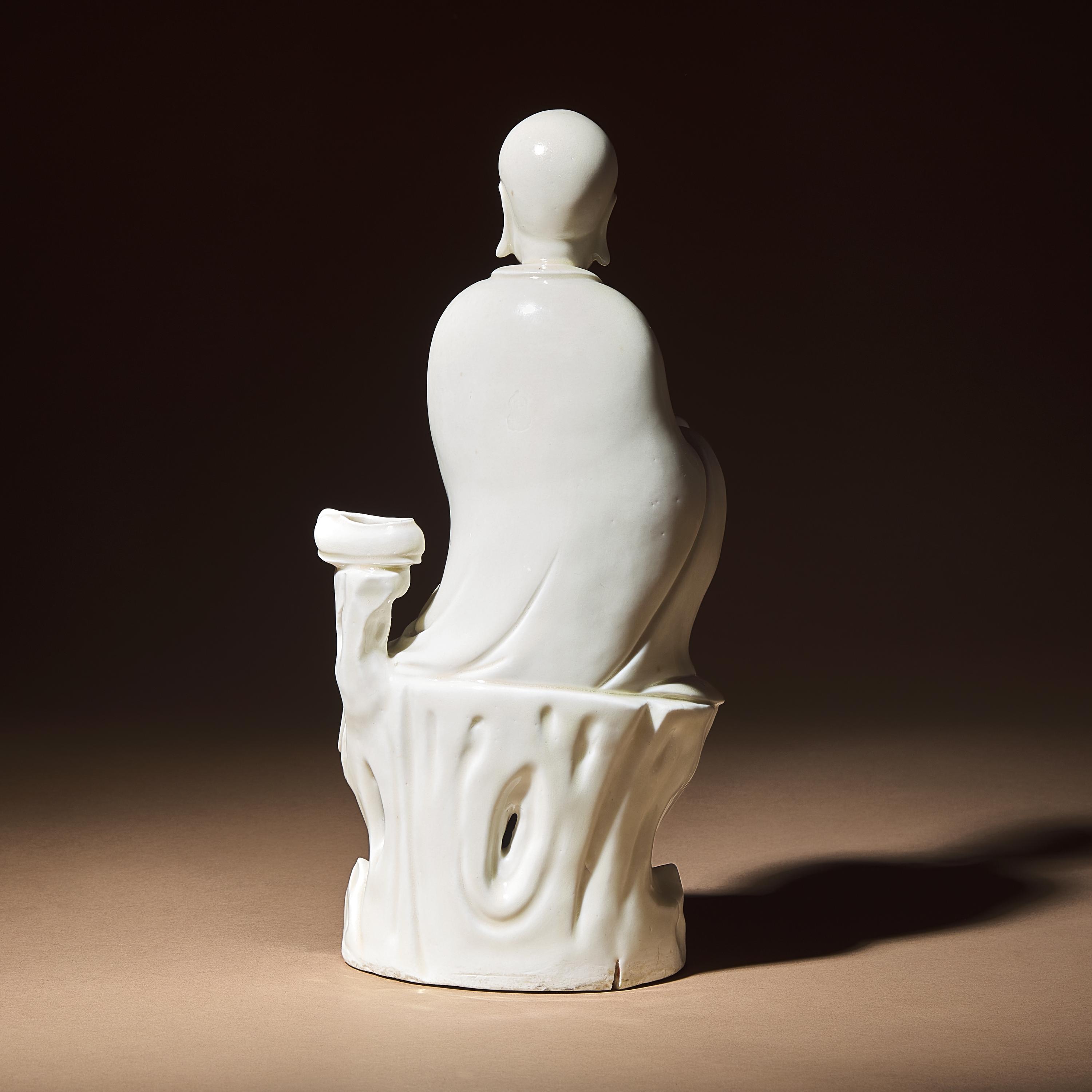 A Chinese Blanc-de-Chine Porcelain Seated Figure of Damo with 'He Chaozong' Mark, Qing Dynasty — 清 何朝宗款“隻履西歸”德化白瓷達摩坐像