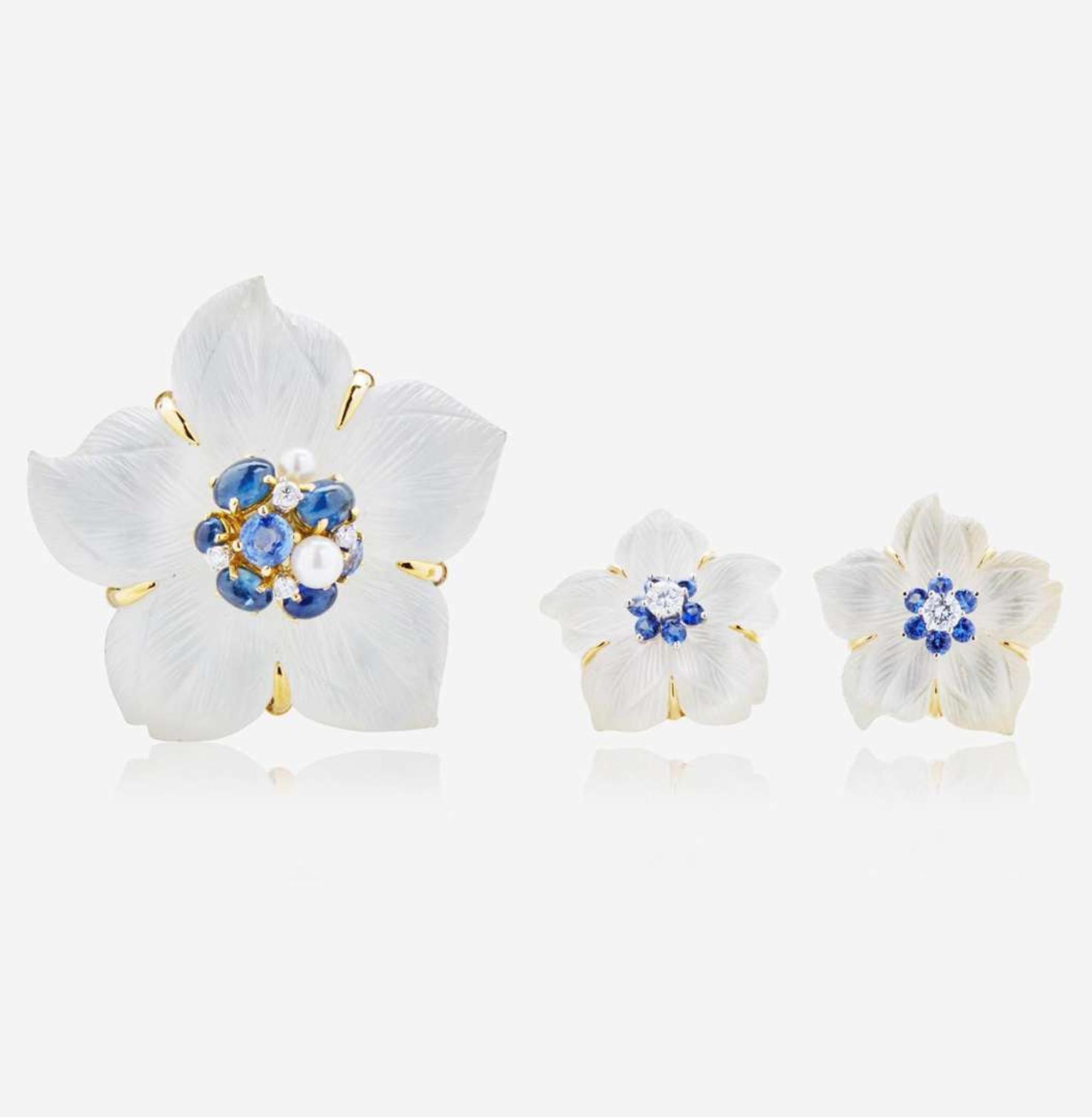 Seaman Schepps Rock Crystal Flower Brooch and Ear Clips