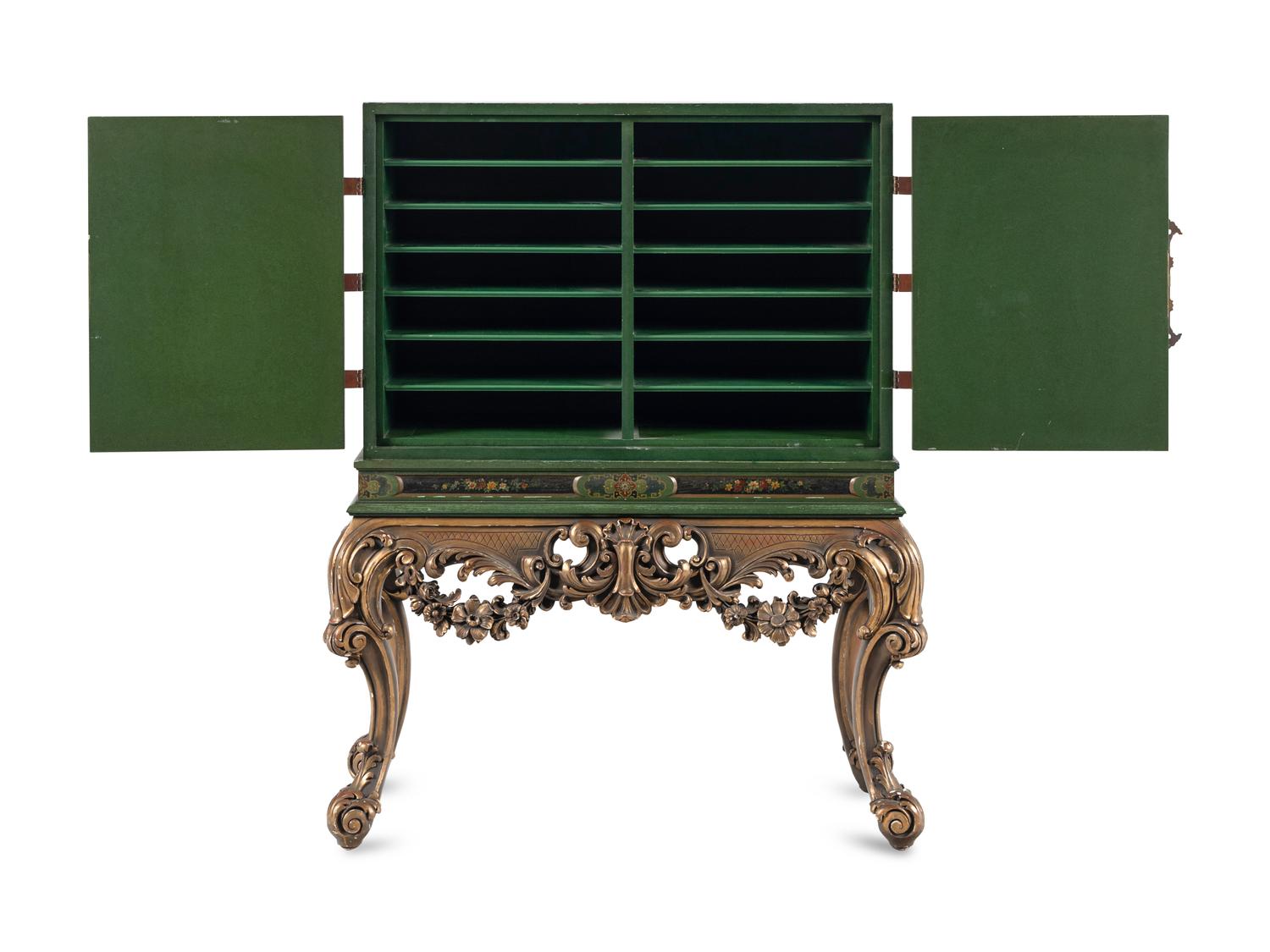 A George I Style Green-Japanned Cabinet on a Giltwood Stand