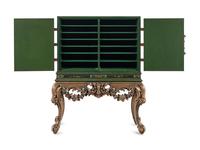 A George I Style Green-Japanned Cabinet on a Giltwood Stand