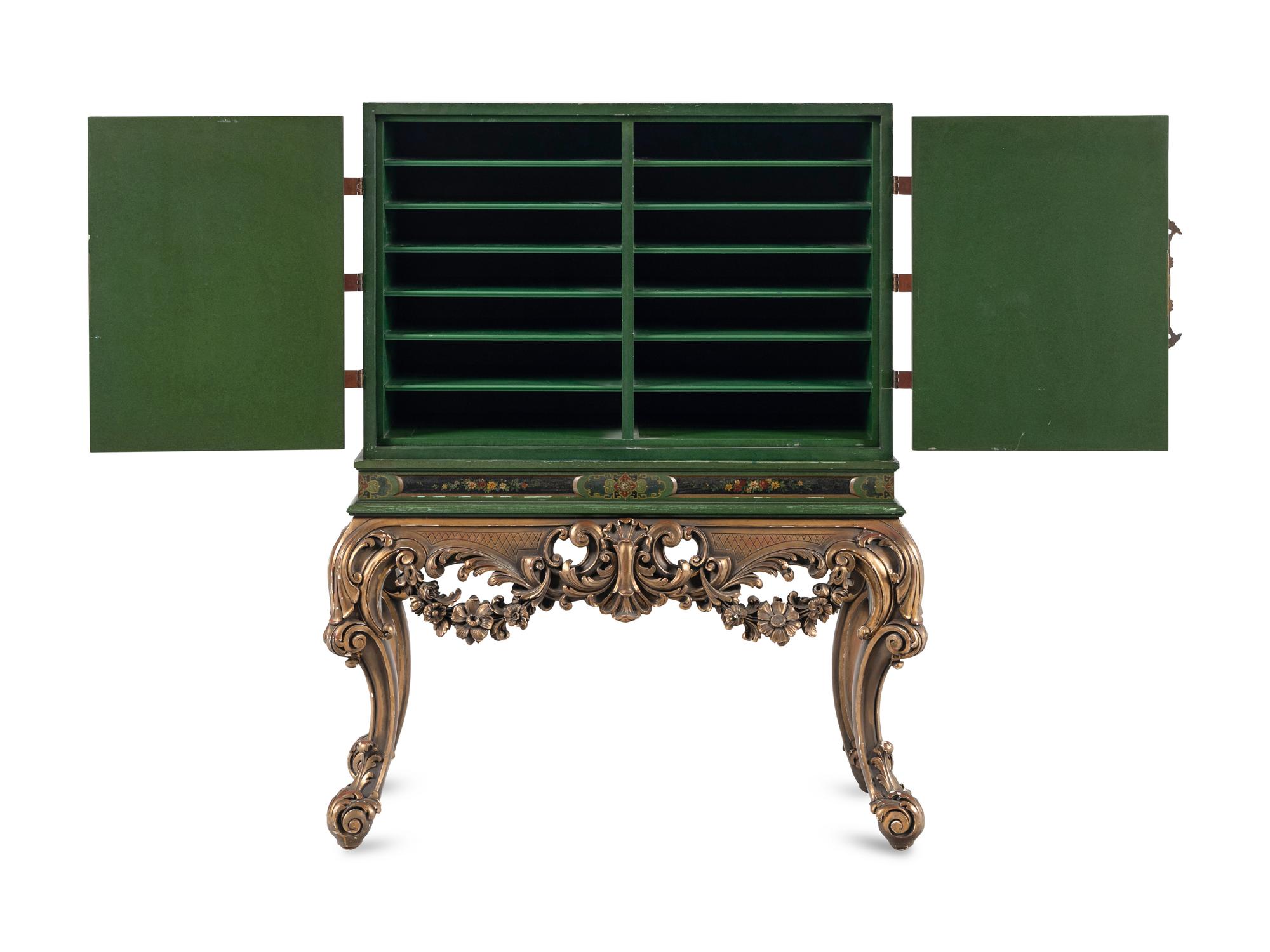 A George I Style Green-Japanned Cabinet on a Giltwood Stand