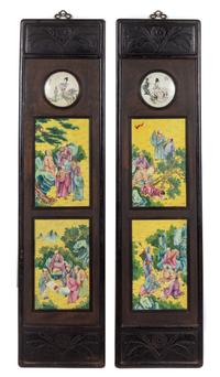 Two Chinese Famille Rose Porcelain Inset Hardwood Wall Panels