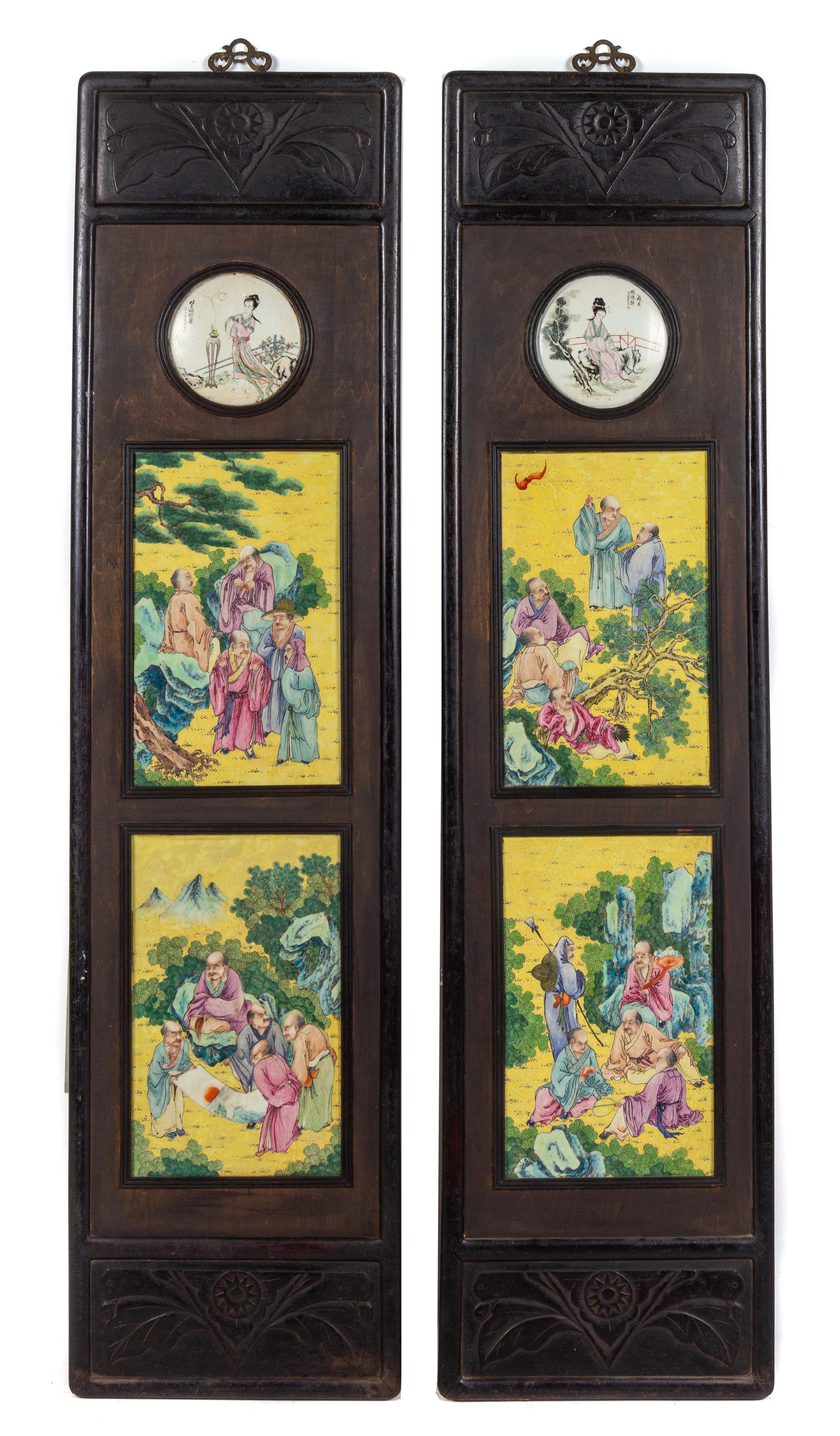 Two Chinese Famille Rose Porcelain Inset Hardwood Wall Panels