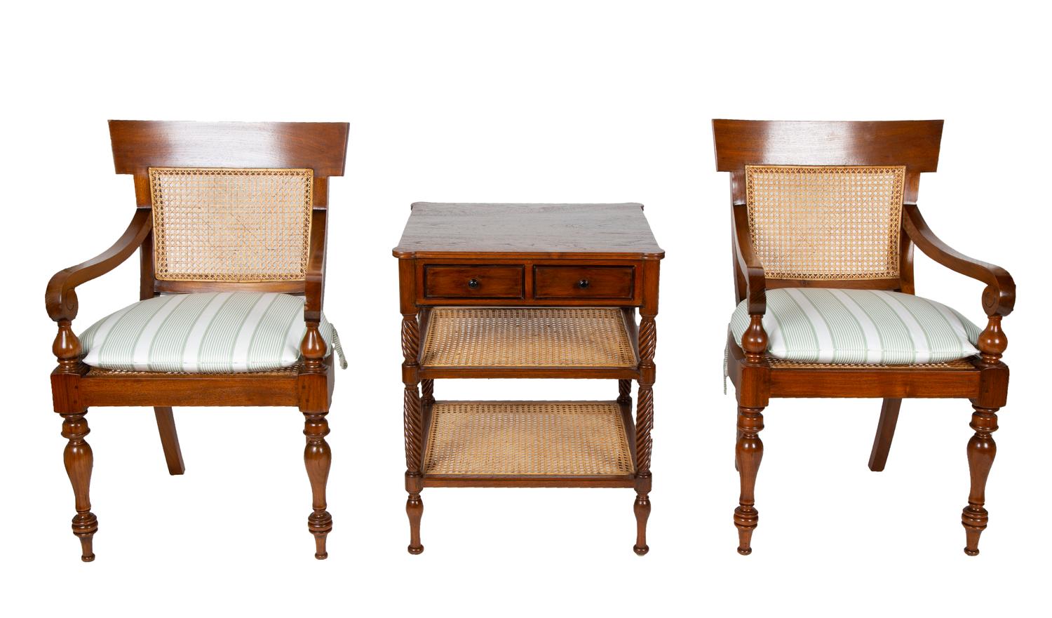 A Pair of Plantation Style Teak Open Armchairs and a Two-Tier Side Table — 20TH CENTURY