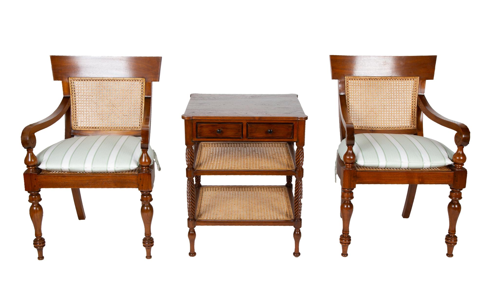 A Pair of Plantation Style Teak Open Armchairs and a Two-Tier Side Table — 20TH CENTURY