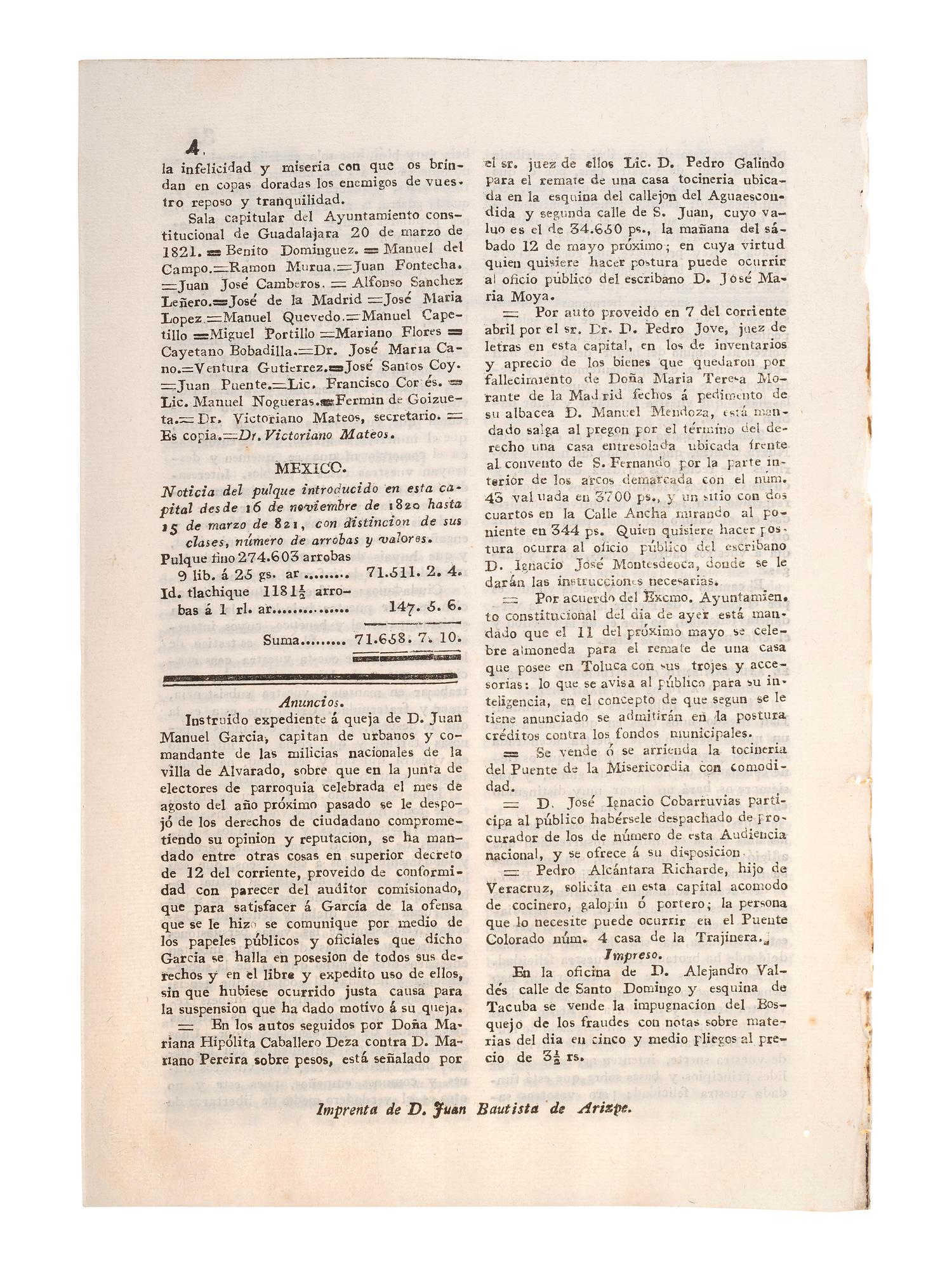 [MEXICAN WAR OF INDEPENDENCE]. Noticioso General. No. 52. Mexico, 30 April 1821.