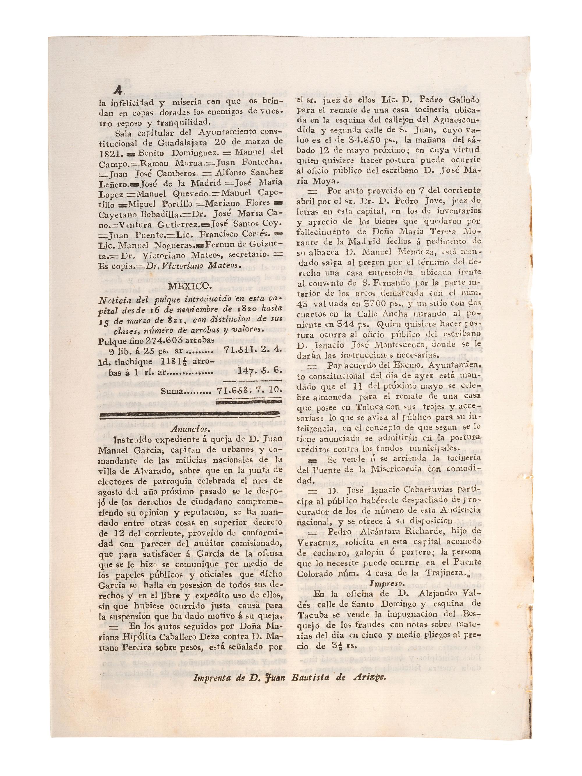 [MEXICAN WAR OF INDEPENDENCE]. Noticioso General. No. 52. Mexico, 30 April 1821.