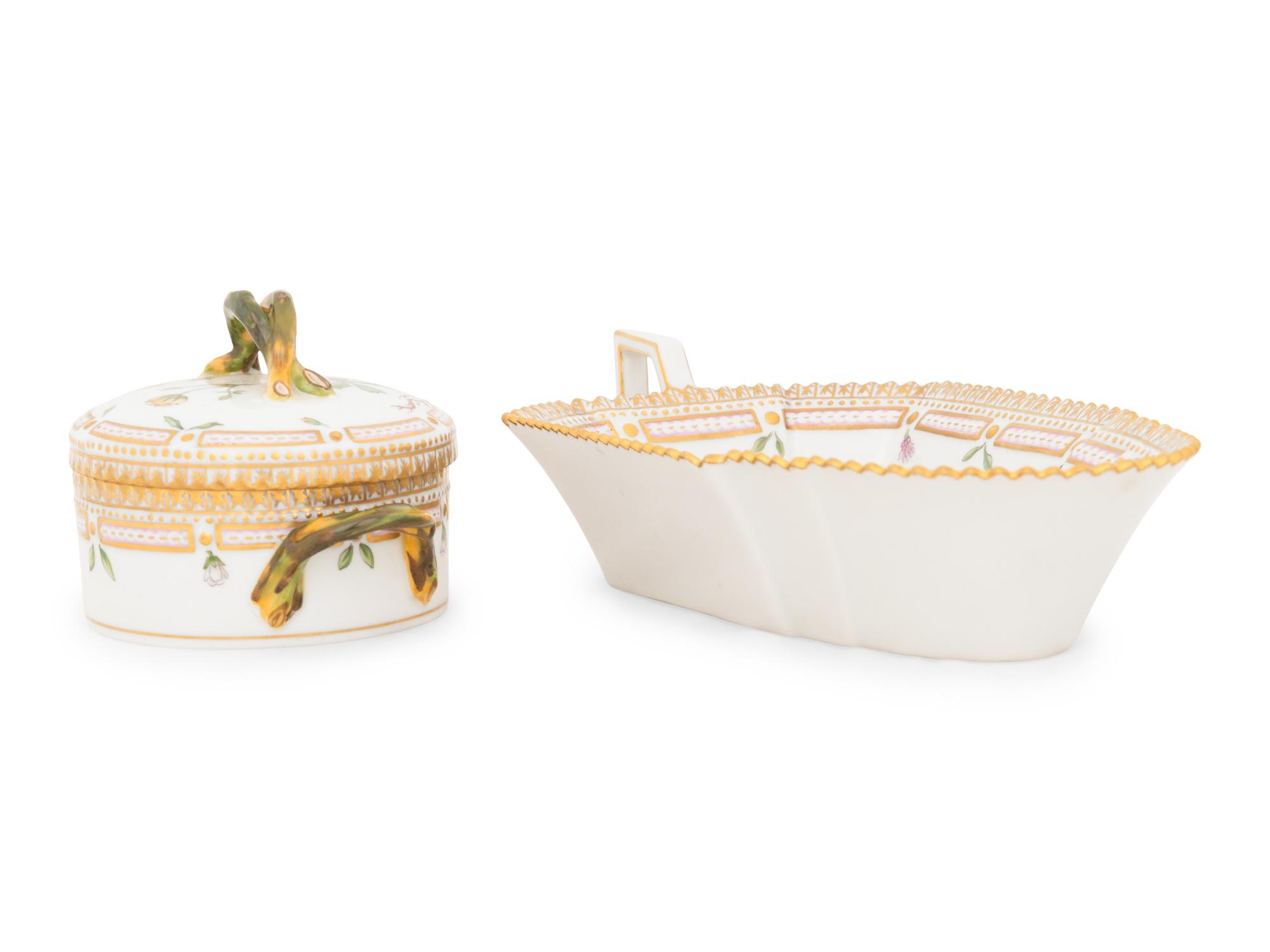 A Royal Copenhagen Flora Danica Porcelain Pickle Dish and Covered Condiment Dish