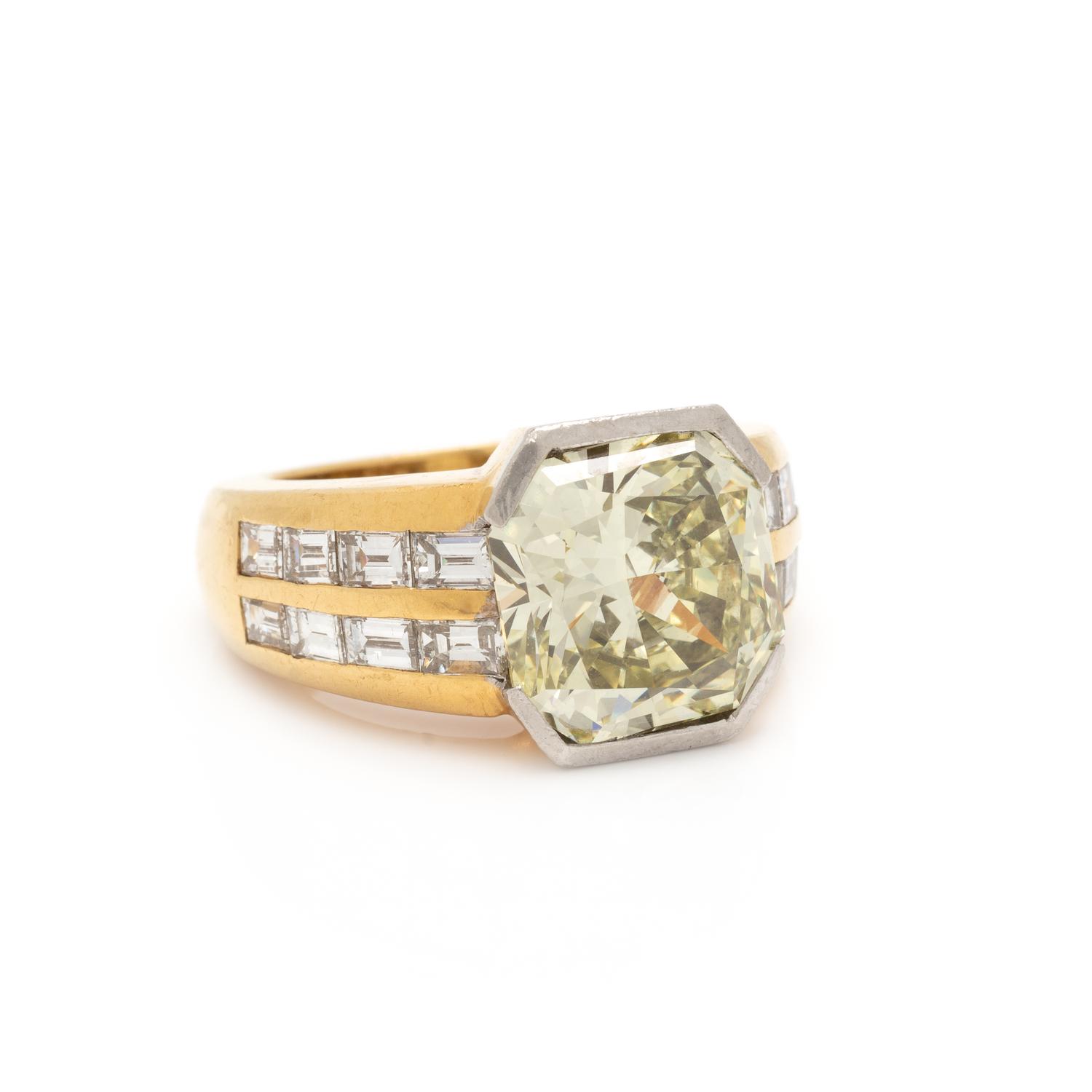 FRENCH, FANCY YELLOW DIAMOND AND DIAMOND RING