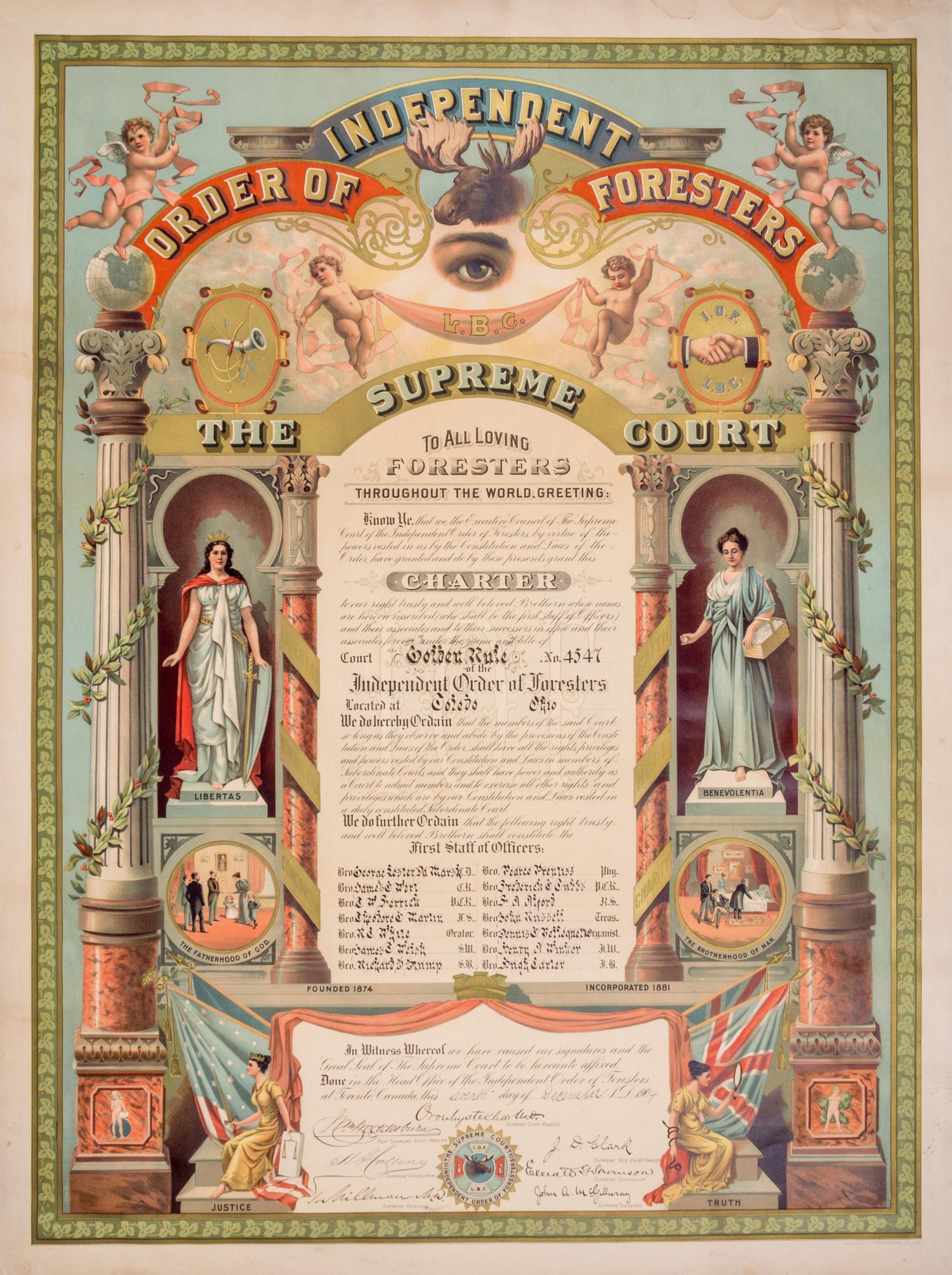(TORONTO LITHOGRAPHING CO.) Order of Independent Foresters, Toledo, OH. Chromolithographed and mss charter.