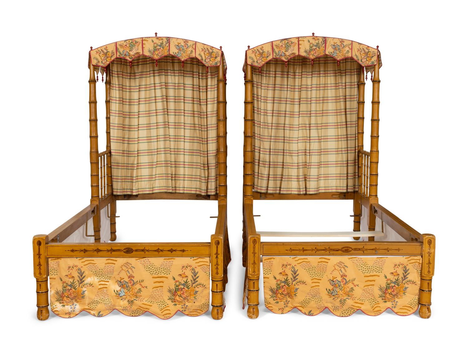 A Pair of George III Style Painted and Chintz-Upholstered Twin Beds