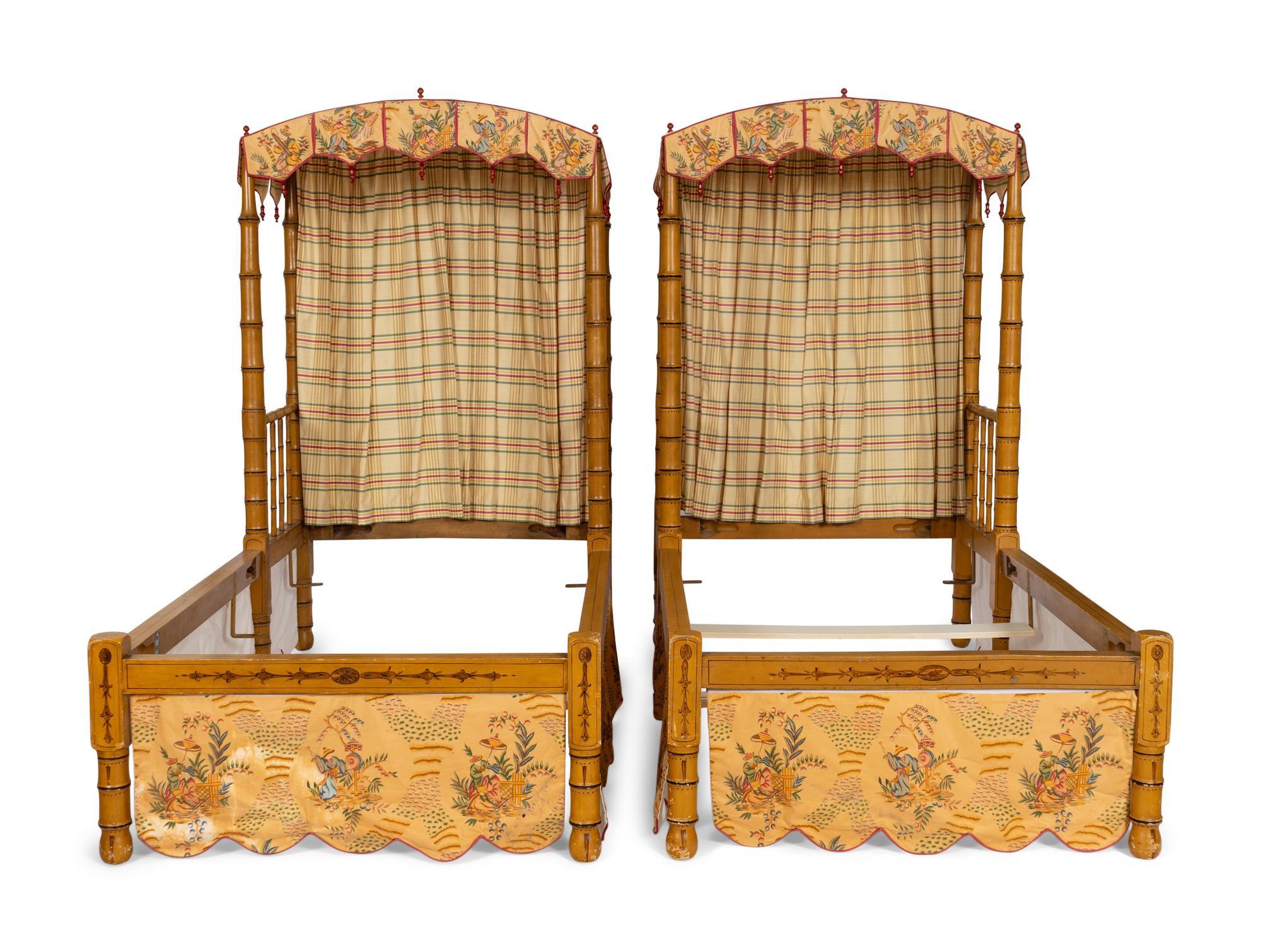 A Pair of George III Style Painted and Chintz-Upholstered Twin Beds