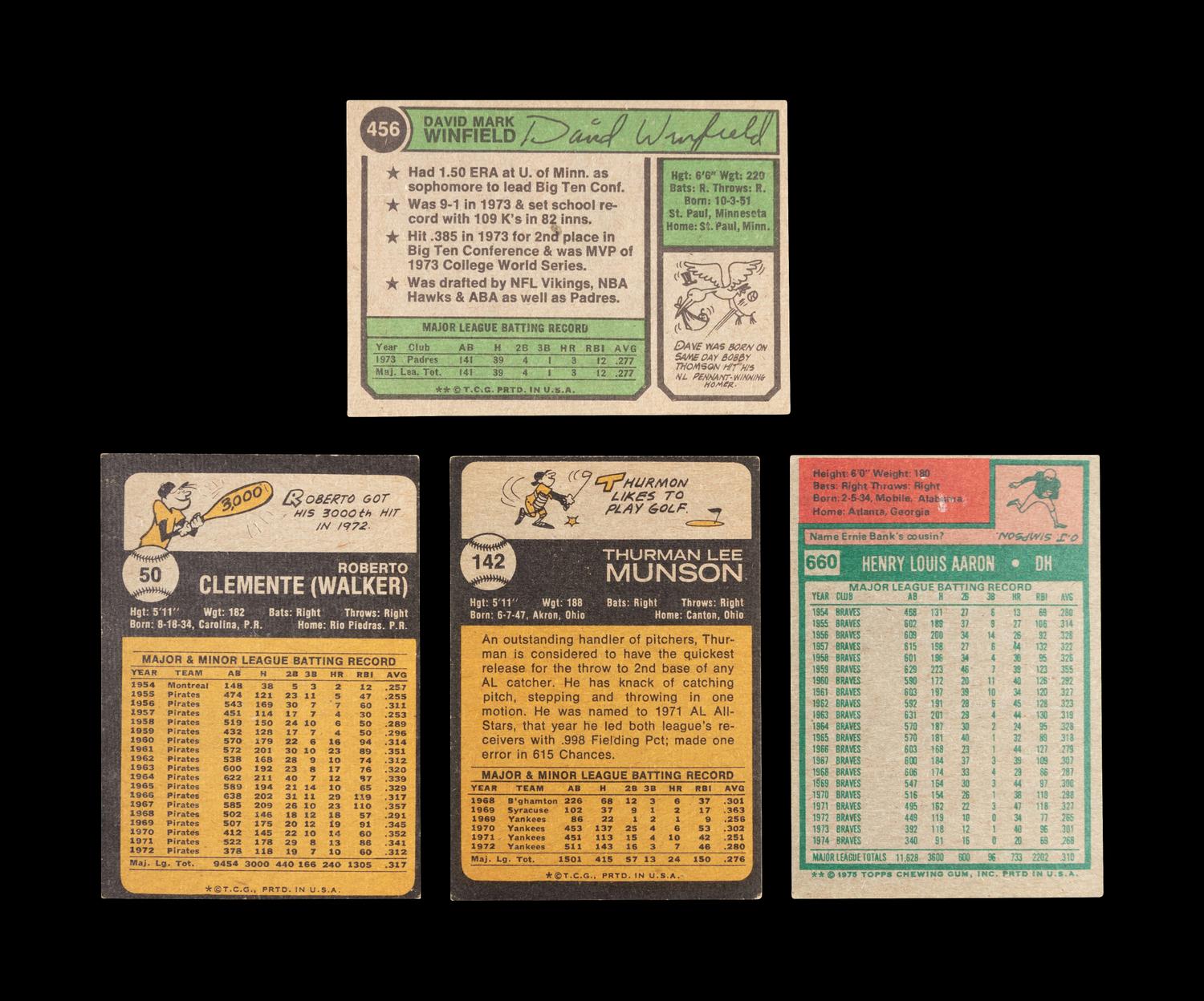 A Group of Four 1970s Topps Baseball Cards including Dave Winfield Rookie,
