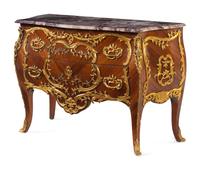 A Louis XV Style Gilt Metal Mounted Kingwood Marble-Top Bombé Commode