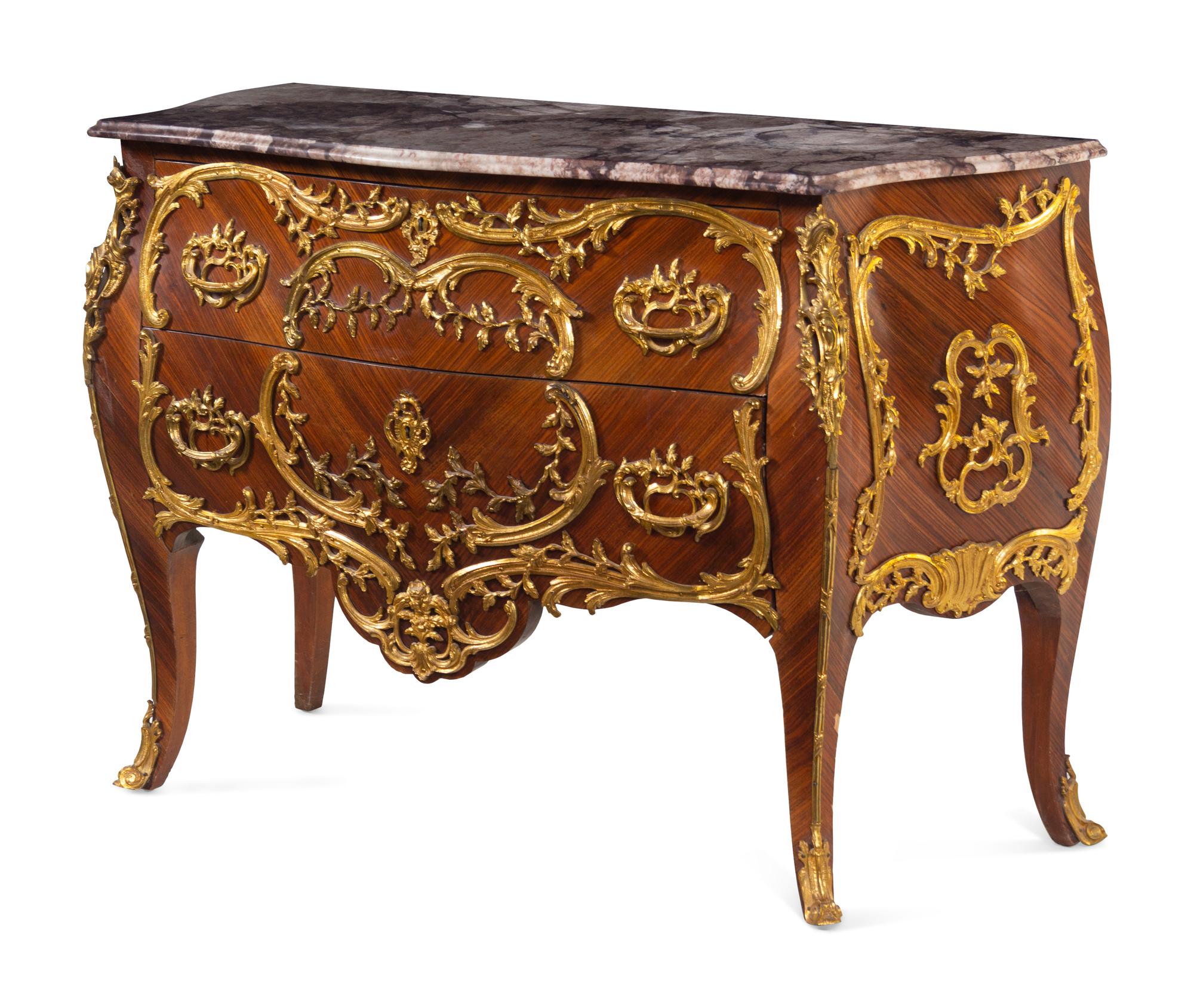 A Louis XV Style Gilt Metal Mounted Kingwood Marble-Top Bombé Commode