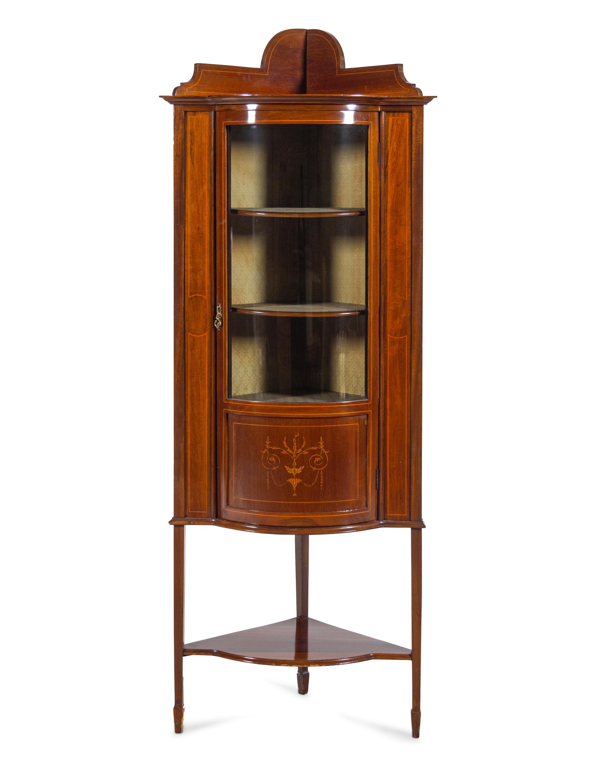 An Edwardian Mahogany and Marquetry Corner Vitrine