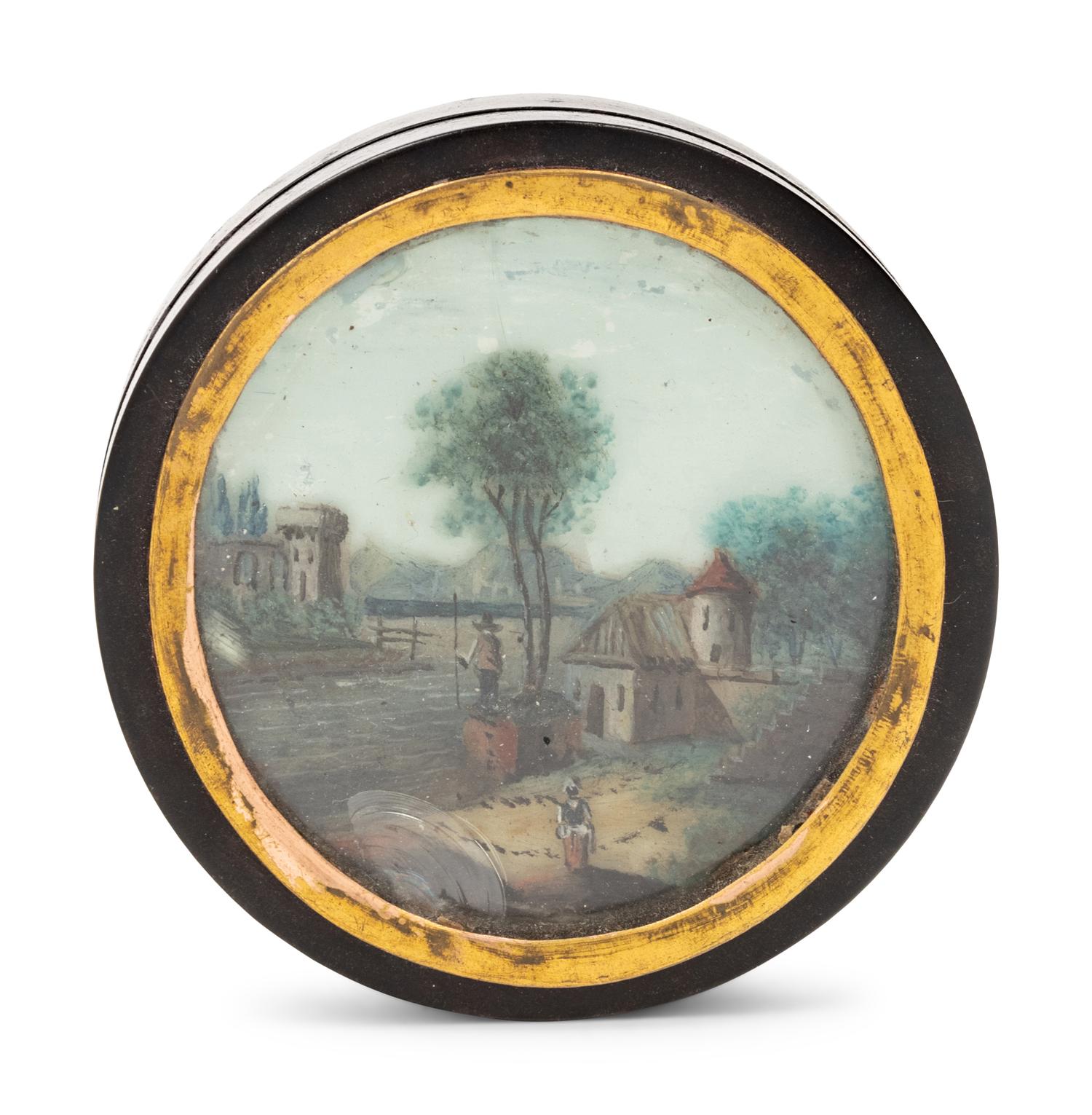 A Continental Gilt Metal Mounted and Reverse-Painted Glass Inset Tortoiseshell Snuff Box