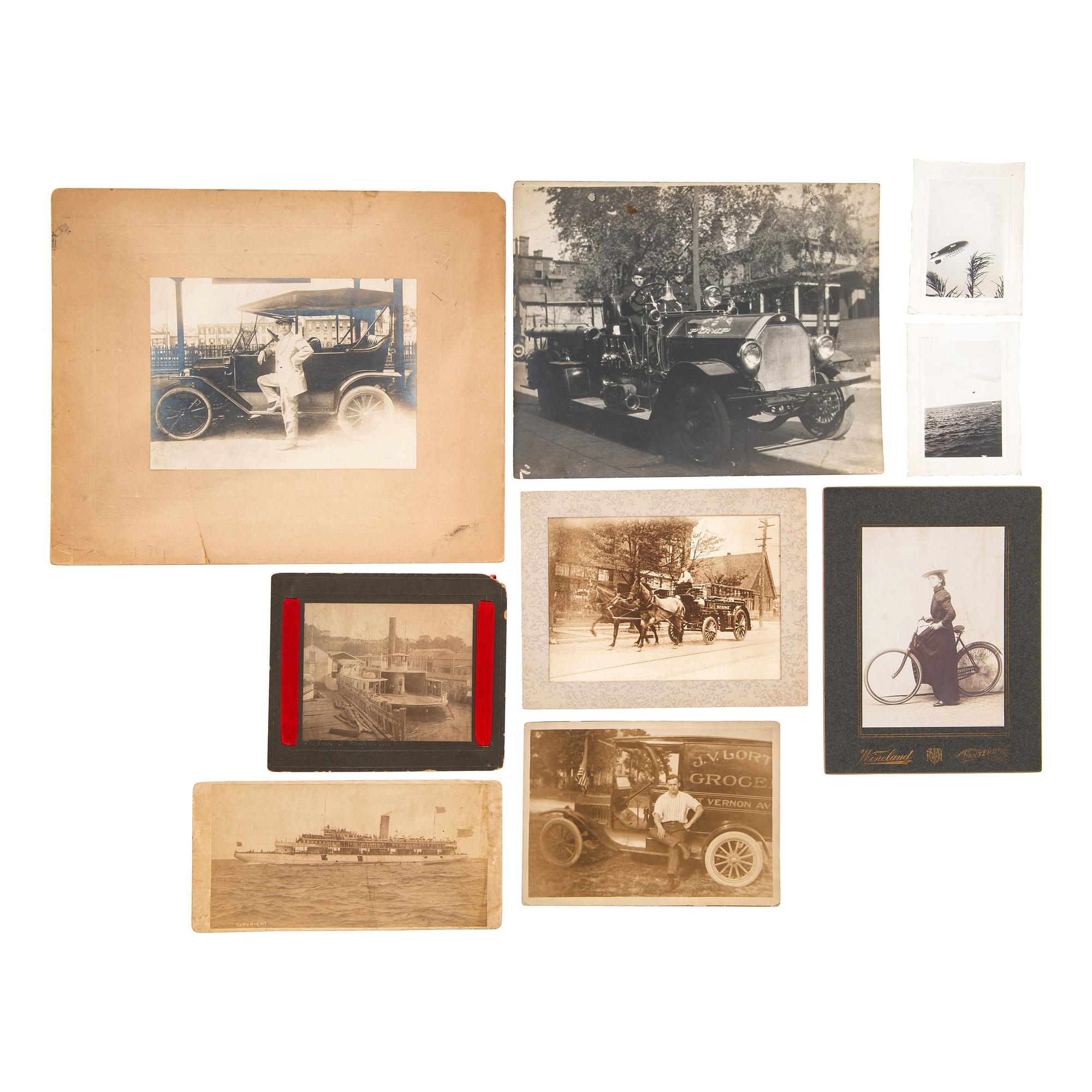 [EARLY PHOTOGRAPHY] -- [TRANSPORTATION]. A group of 59 photographs and engravings of vehicles, incl. bicycles and dirigibles.