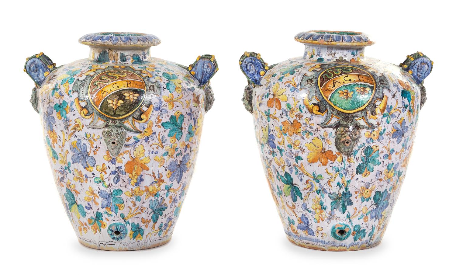A Pair of Large Italian Majolica Urns Height 31 1/2 inches. — 20TH CENTURY