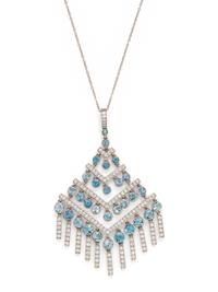 TIFFANY & CO., AQUAMARINE AND DIAMOND PENDANT/NECKLACE