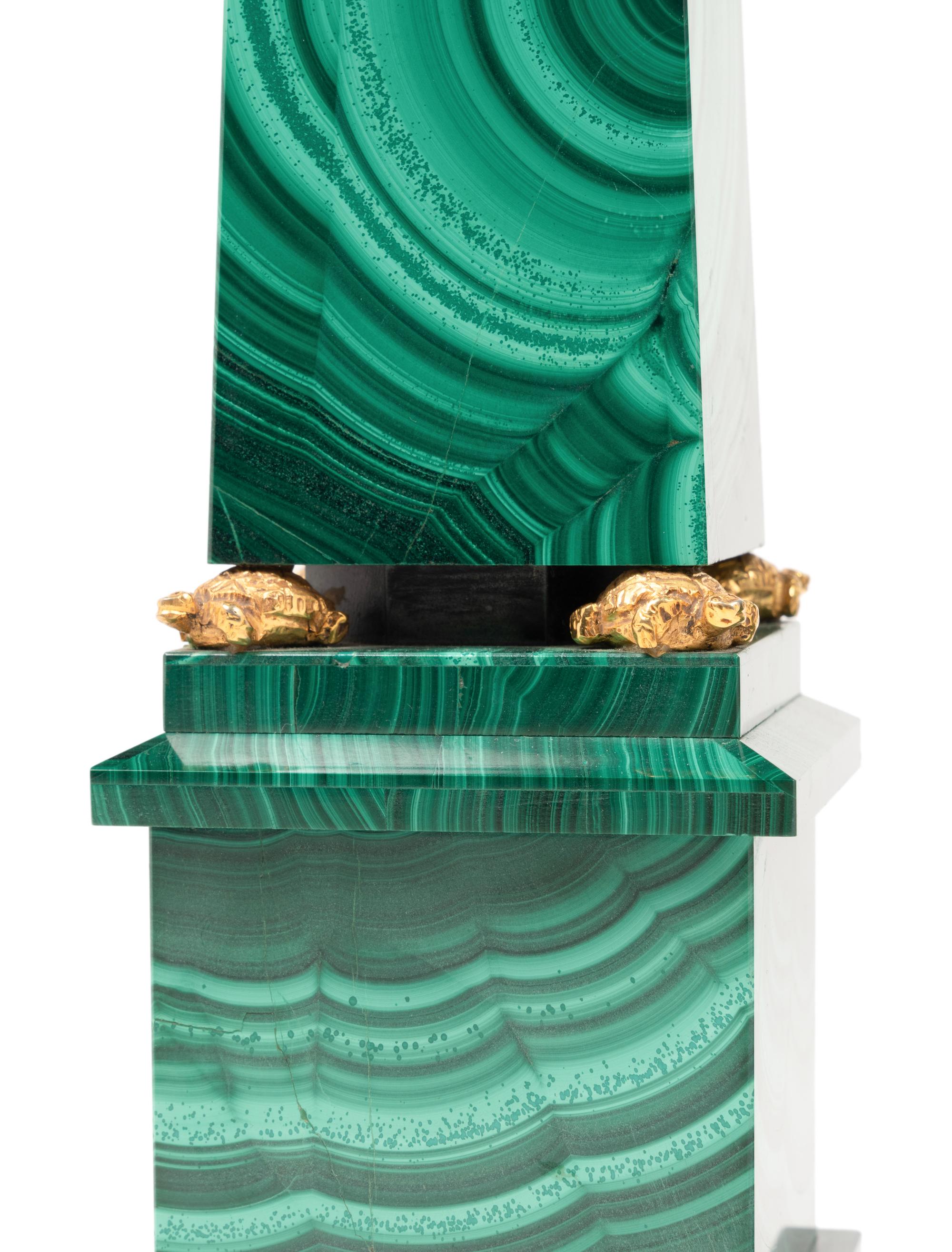 A Pair of Italian Gilt Bronze Mounted and Malachite Veneered Obelisks