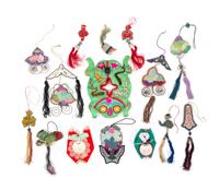 Fourteen Chinese Embroidered Silk Articles Length of largest 10 inches.
