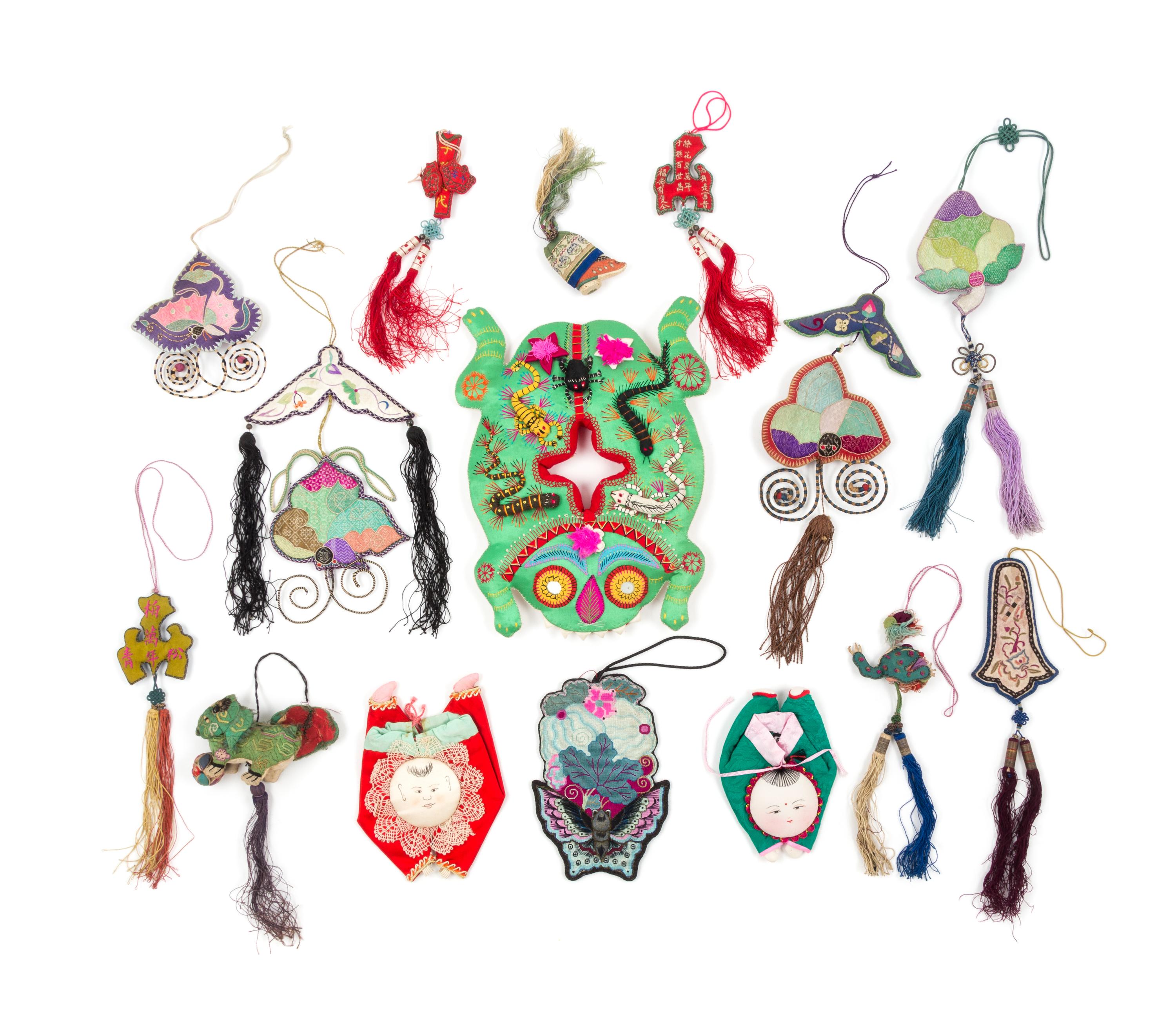 Fourteen Chinese Embroidered Silk Articles Length of largest 10 inches.