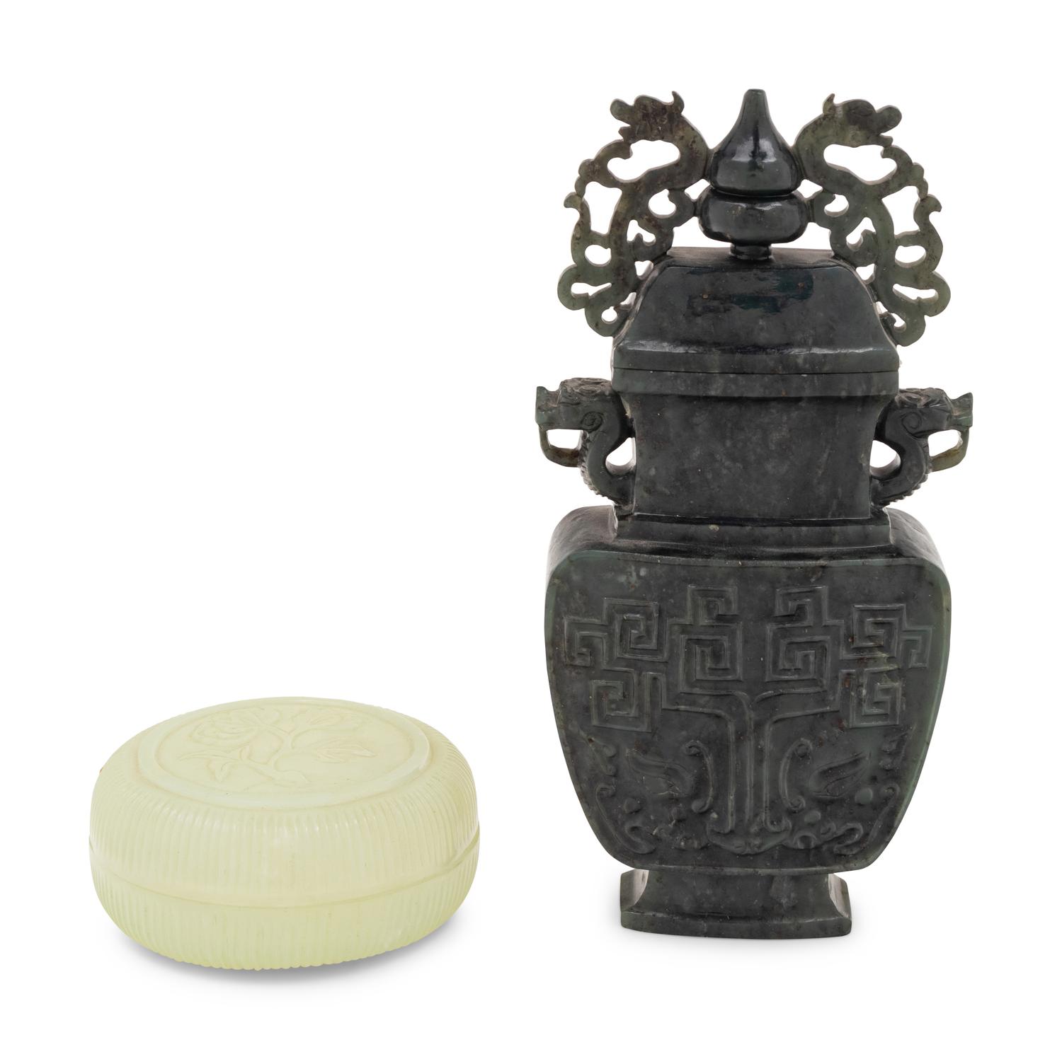 A Small Chinese White Jade Circular Covered Box and A Chinese Dark Spinach Jade Covered Vase