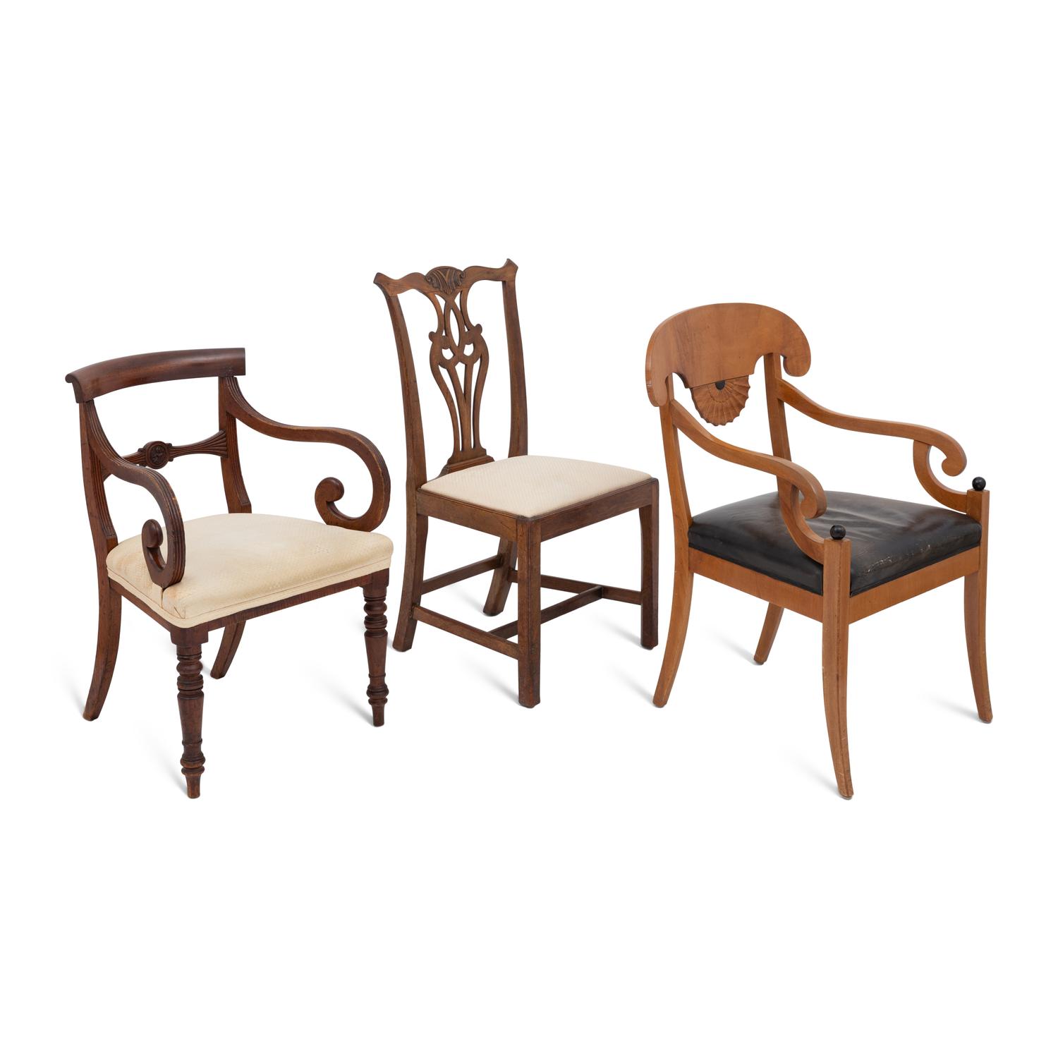 A Group of Three Carved and Upholstered Chairs