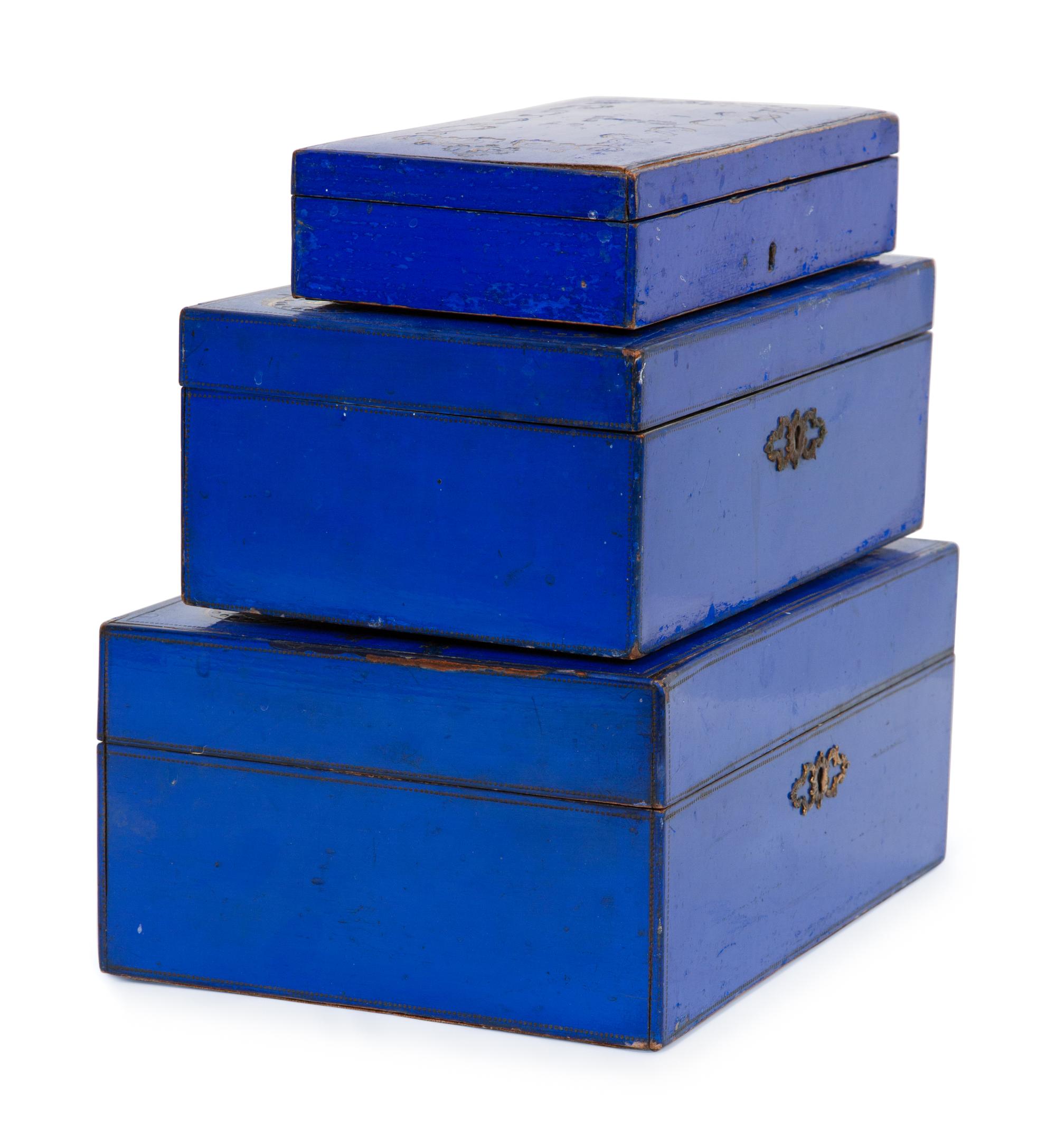 Three Gilt-Embossed Painted Wood Boxes