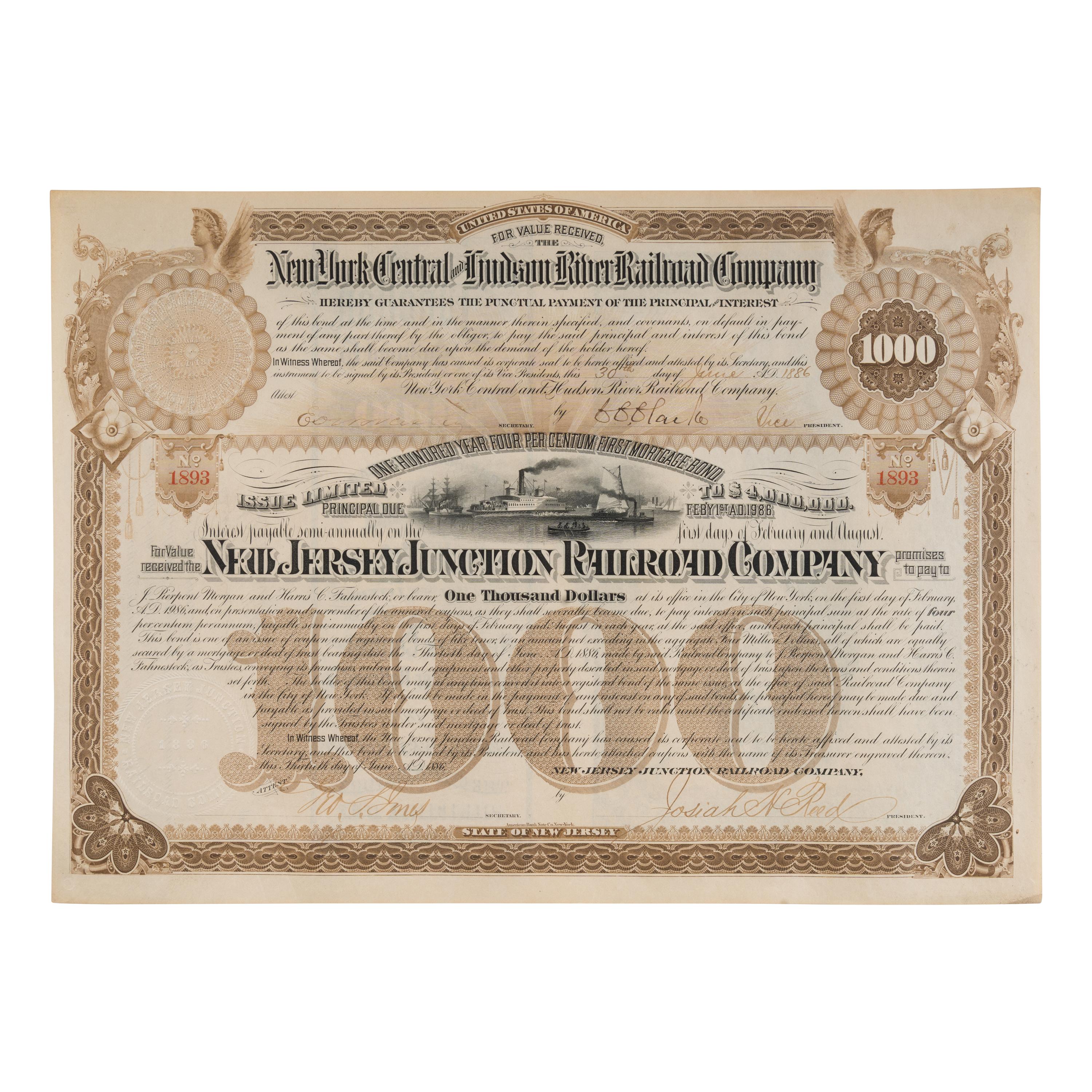 Morgan, John Pierpont (1837-1913). Document signed on verso ("J. Pierpont Morgan"), New York, 30 June 1886.