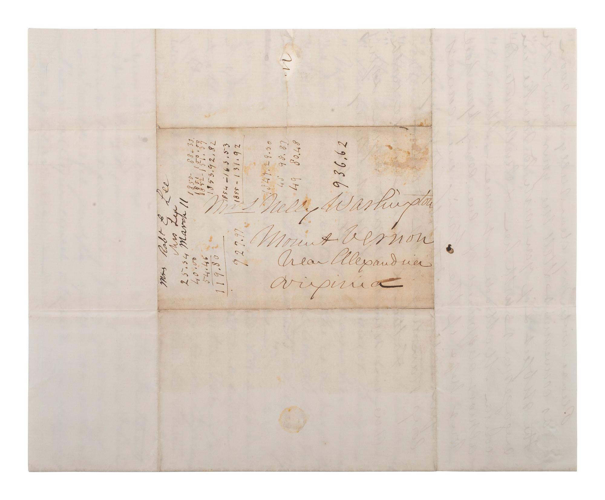 LEE, Mary Custis (1807-1873). Autograph letter signed ("M C Lee") to Eleanor Washington (1824-1860). Arlington, [VA], ca 1855-56.