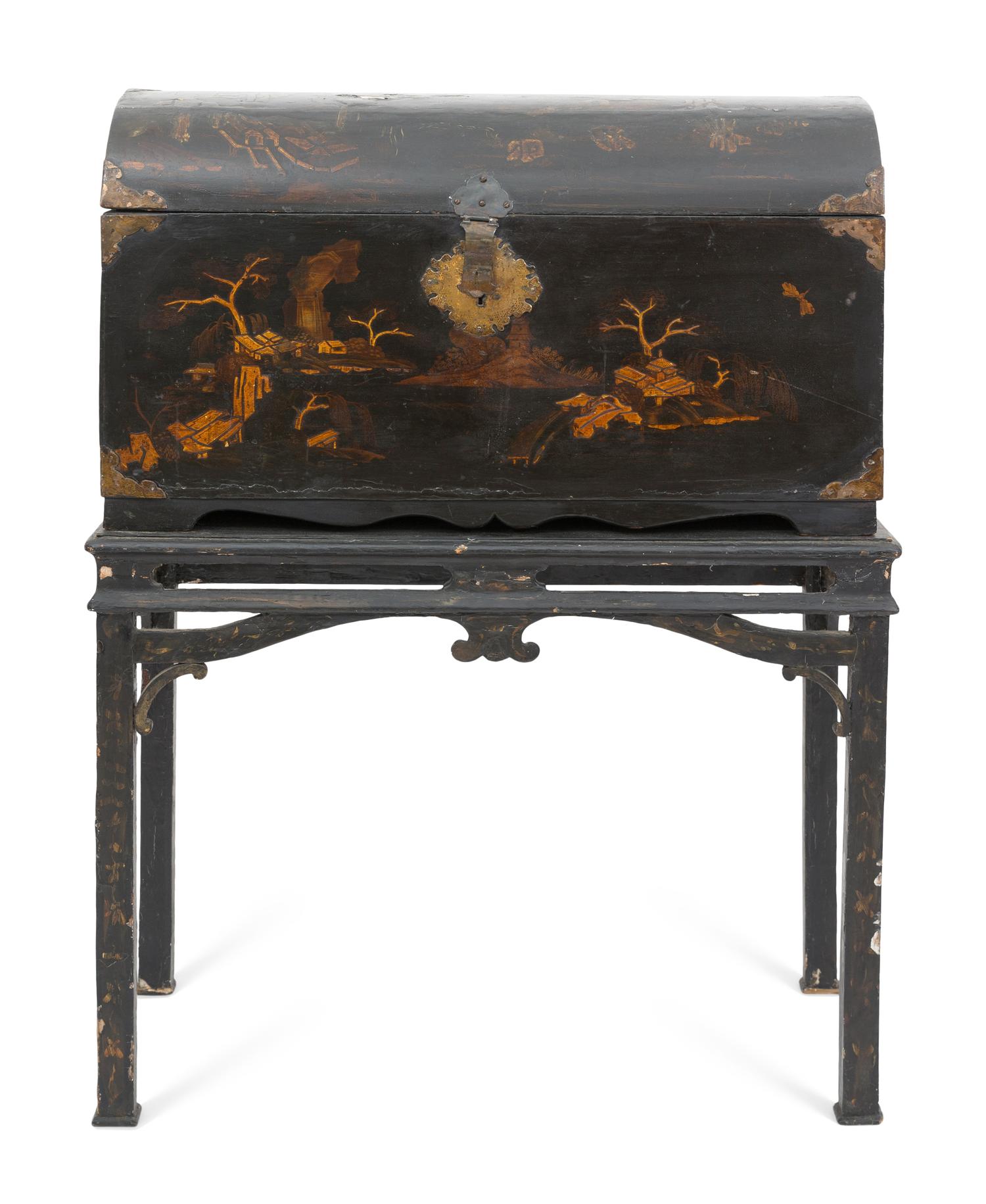 A Chinese Export Black Lacquered Trunk on Stand