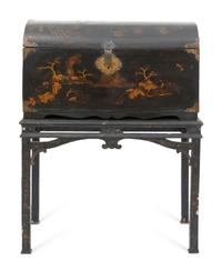 A Chinese Export Black Lacquered Trunk on Stand