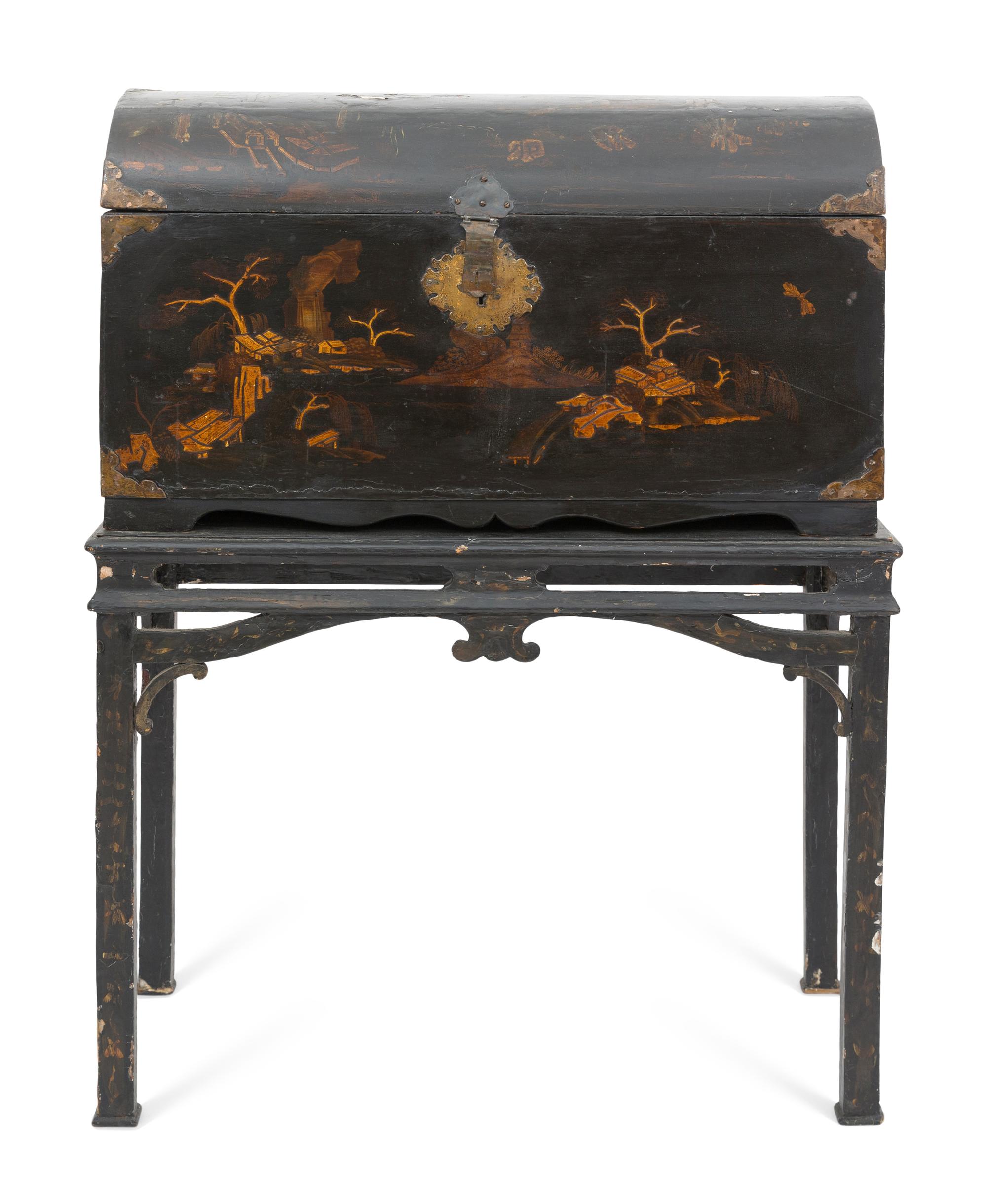A Chinese Export Black Lacquered Trunk on Stand