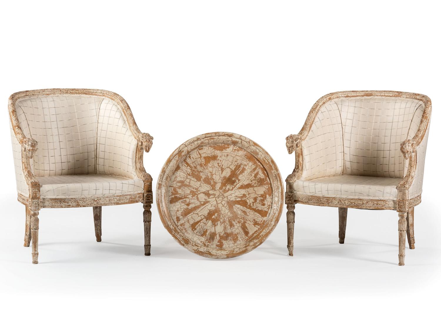 A Pair of Louis XVI-Style Carved and Painted Bergeres and Center Table