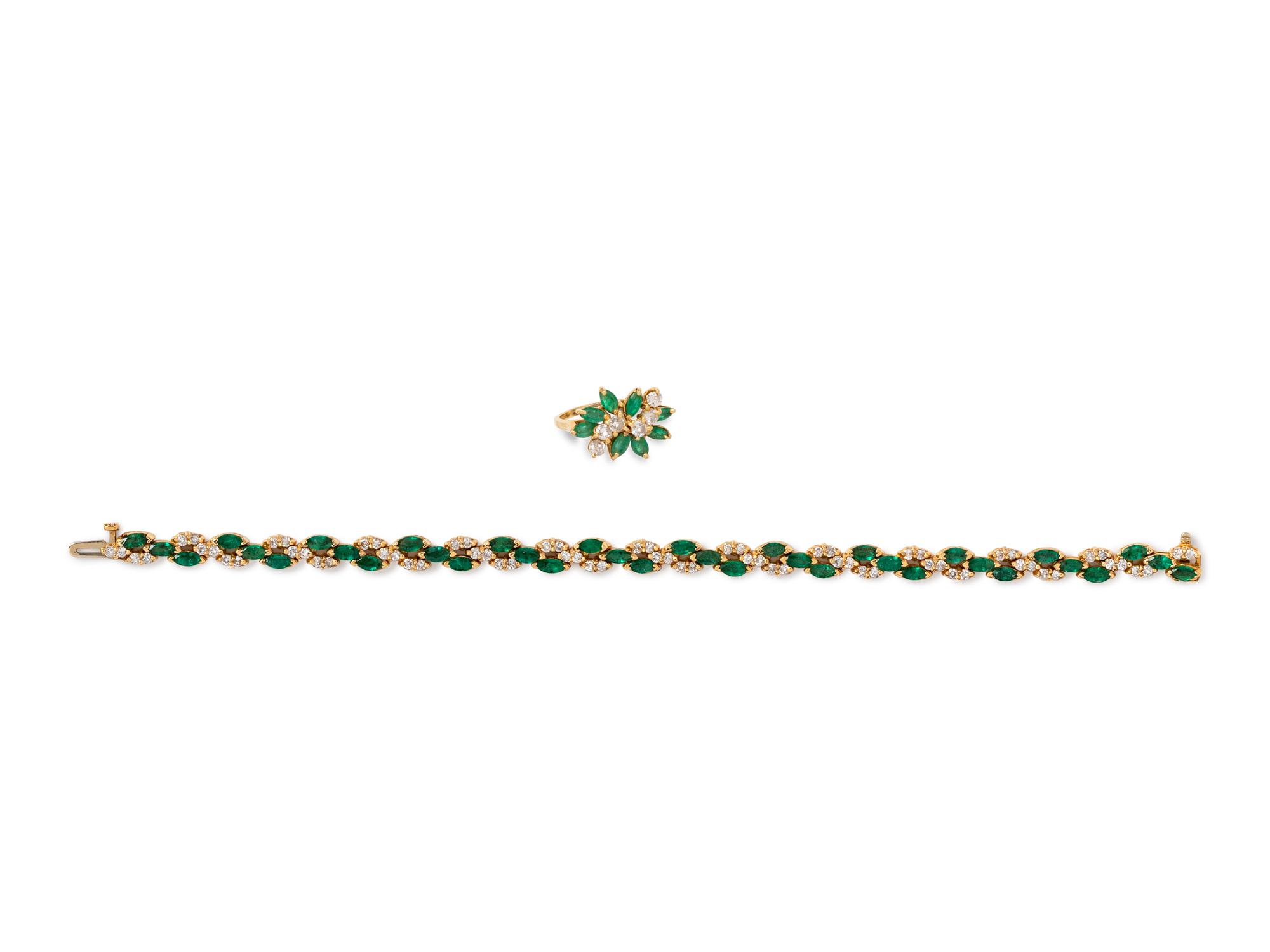 A Collection of 14 Karat Yellow Gold, Diamond and Emerald Jewelry,