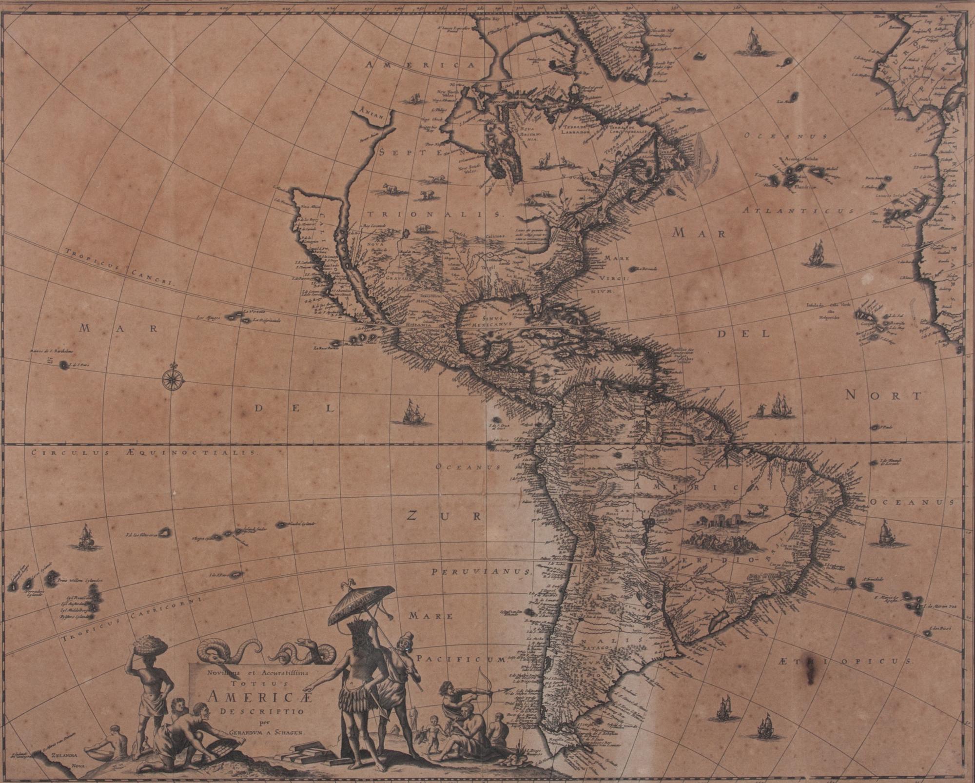 (Map) van Schagen, Gerrit Lucaszoon 17 1/2 x 21 3/4 inches. — Novissima et accuratissima totius Americae descriptio per Gerardum a. Schagen. [Amersterdam, 1671]