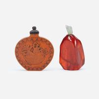 One Chinese bamboo veneer and one amber snuff bottle