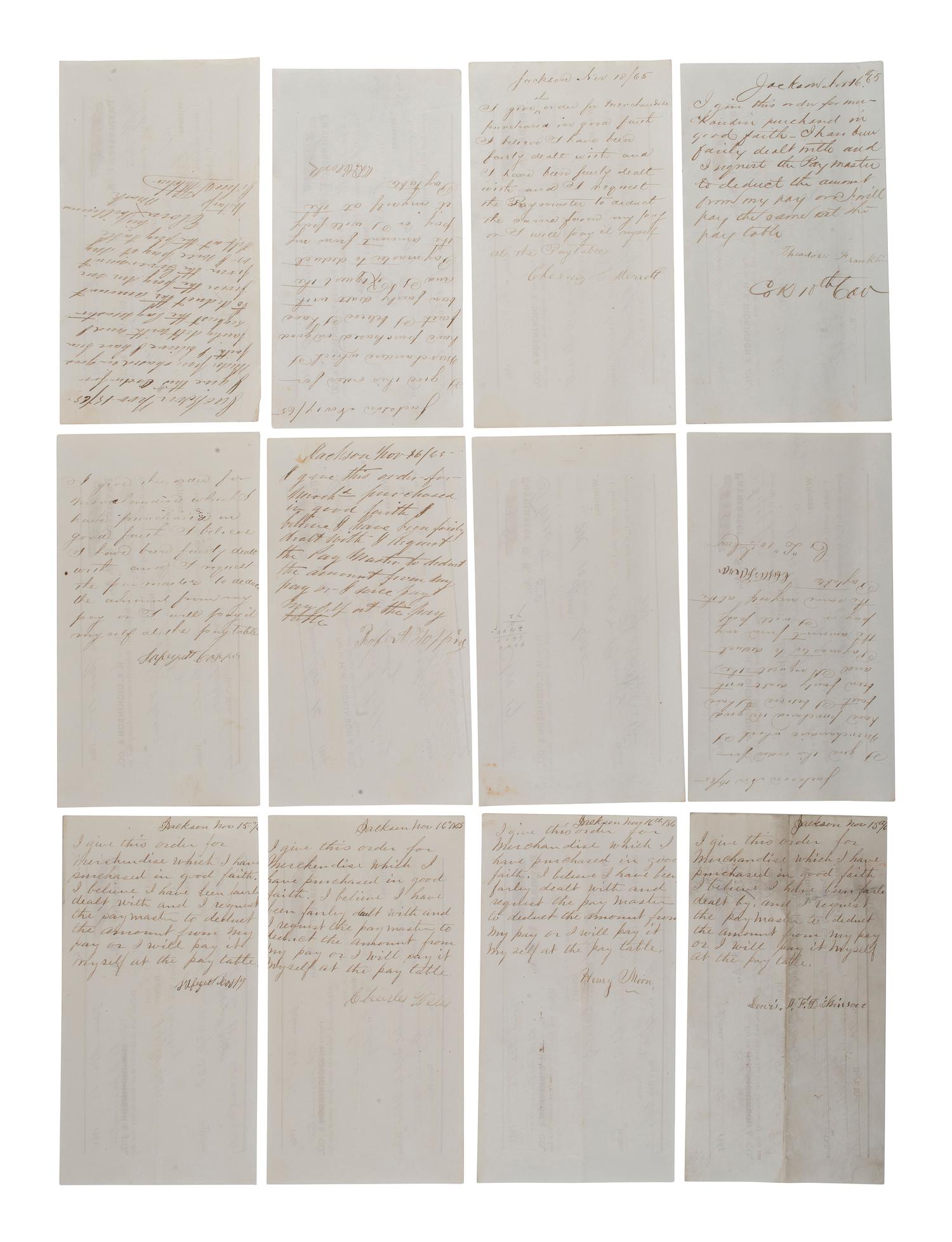 [CIVIL WAR]. Military sutler script from Michigan, Ohio, New Hampshire, and Indiana regiments.