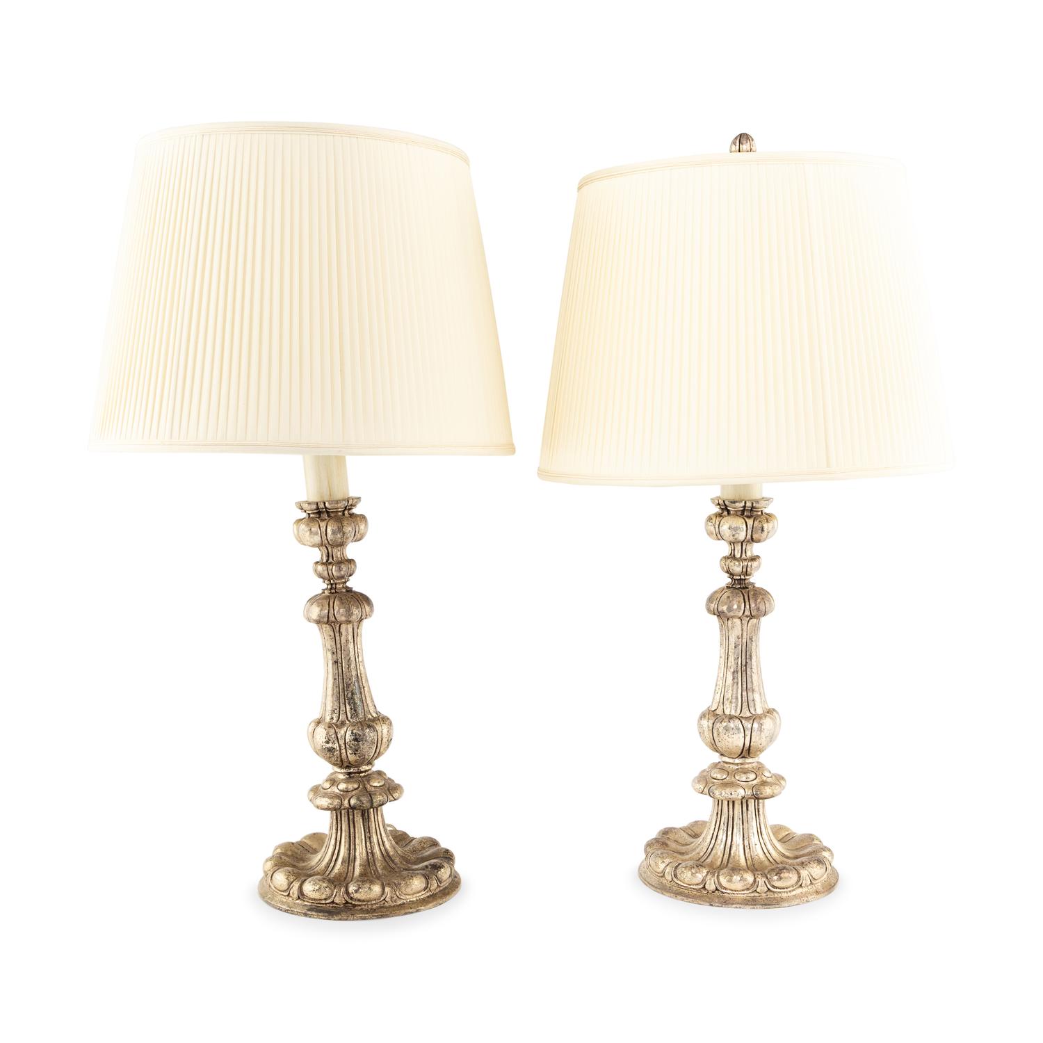 A Pair of Silvered Metal Table Lamps