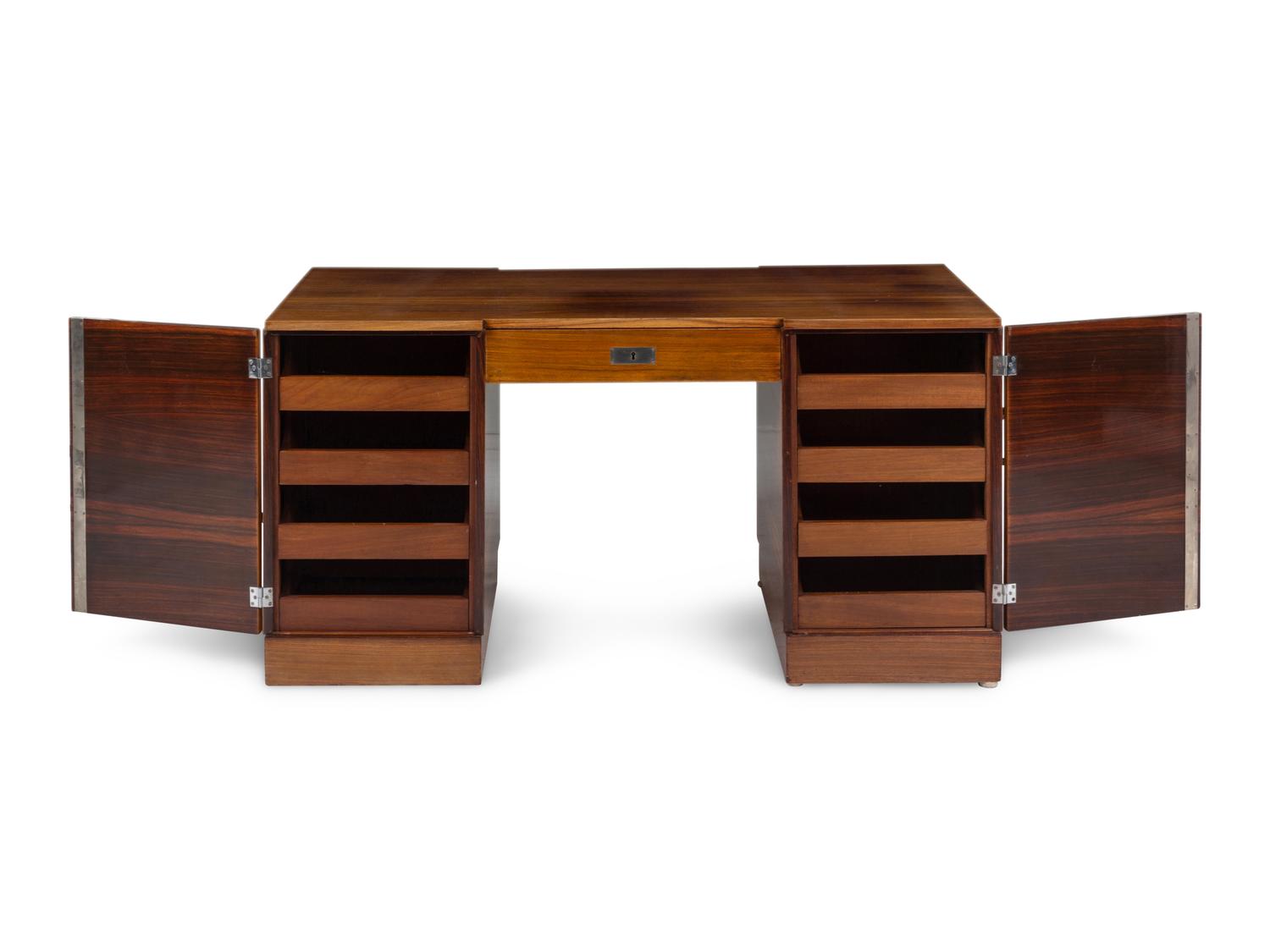 An Art Deco Style Figured Walnut Pedestal Desk