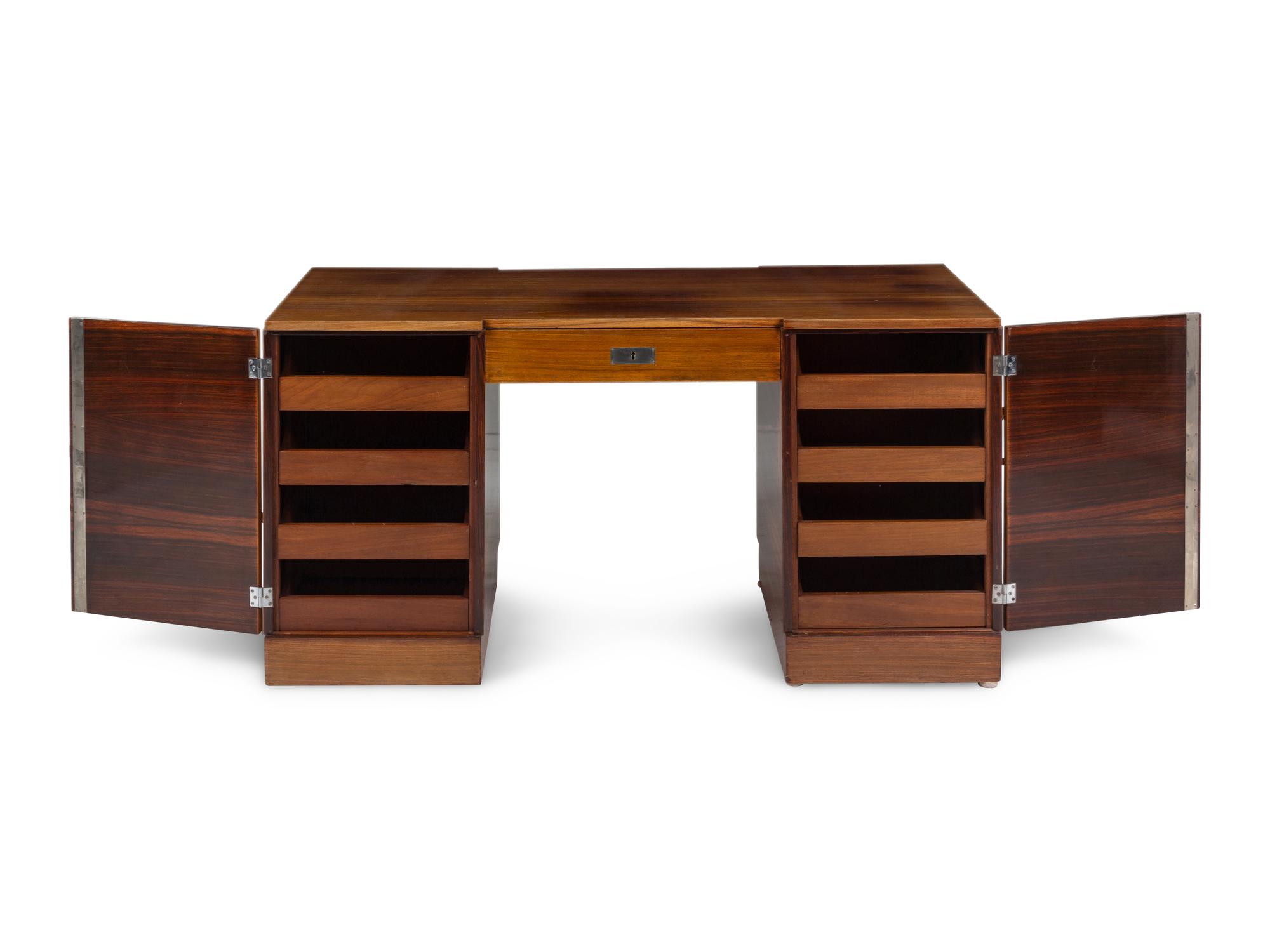 An Art Deco Style Figured Walnut Pedestal Desk