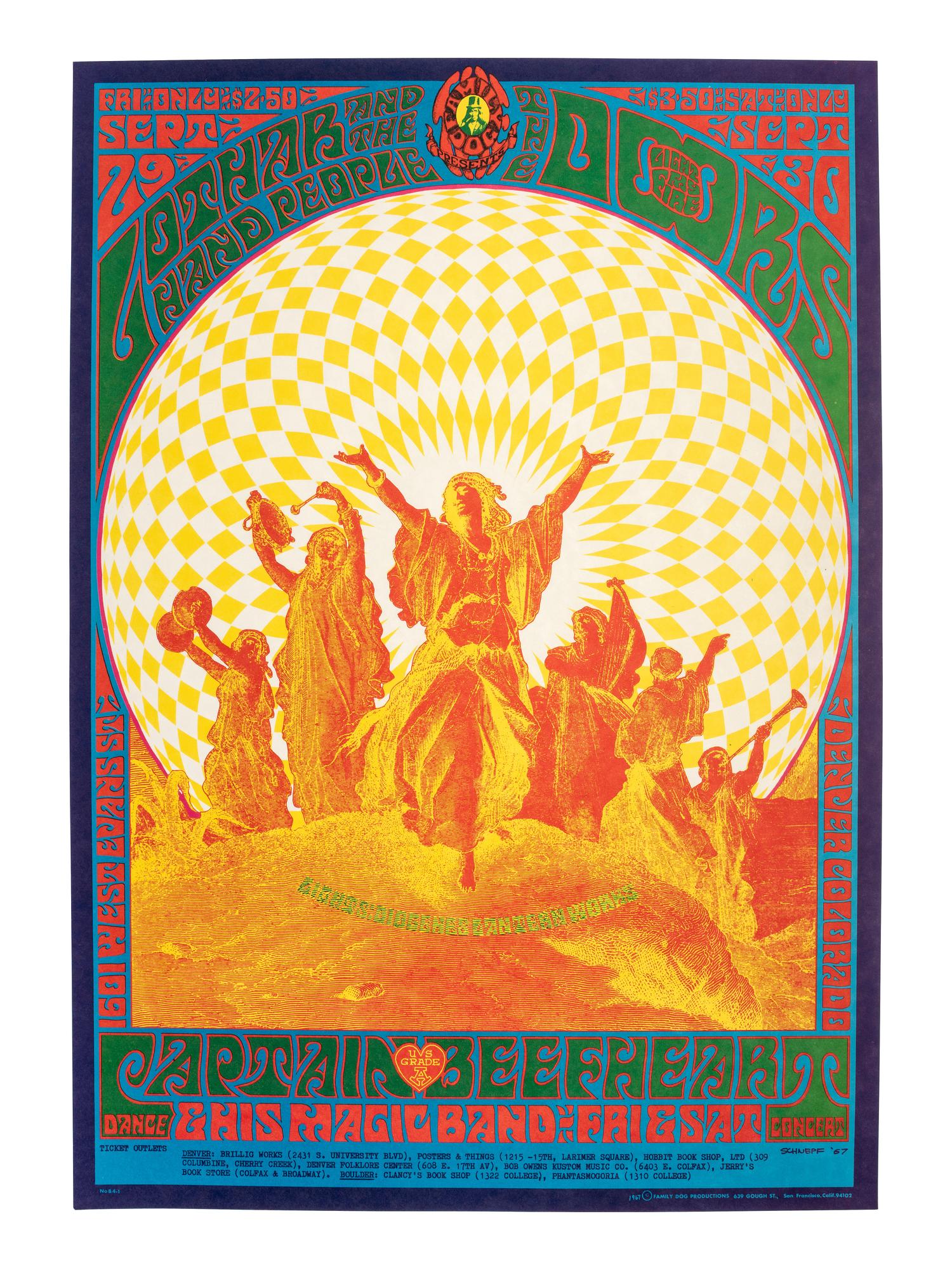 [MUSIC] -- [POSTERS]. SCHNEPF, Bob, artist. The Family Dog Presents Lothar and the Hand People and the Doors in Denver, Colorado . San Francisco, CA: Family Dog Production, 1967.