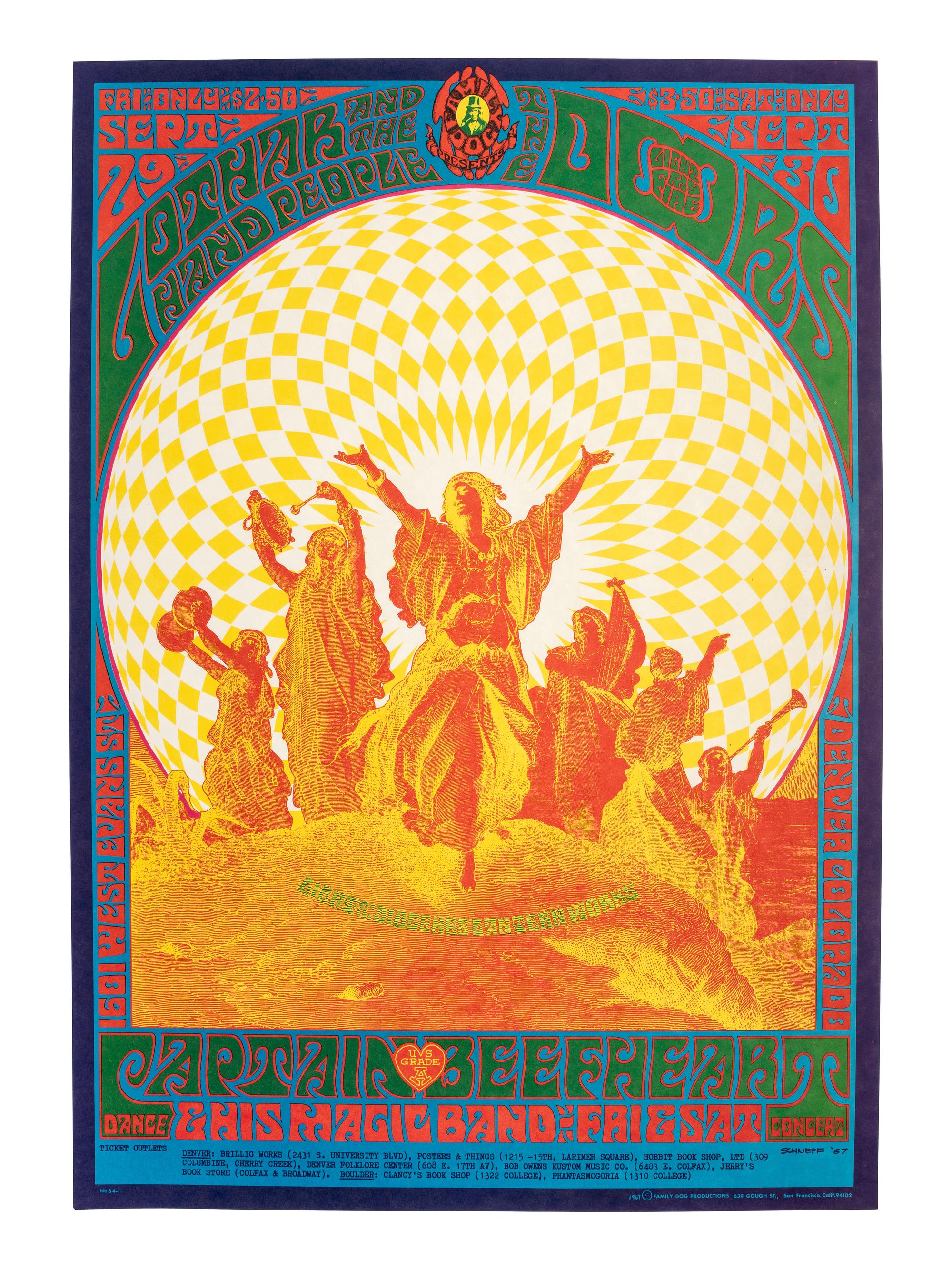 [MUSIC] -- [POSTERS]. SCHNEPF, Bob, artist. The Family Dog Presents Lothar and the Hand People and the Doors in Denver, Colorado . San Francisco, CA: Family Dog Production, 1967.