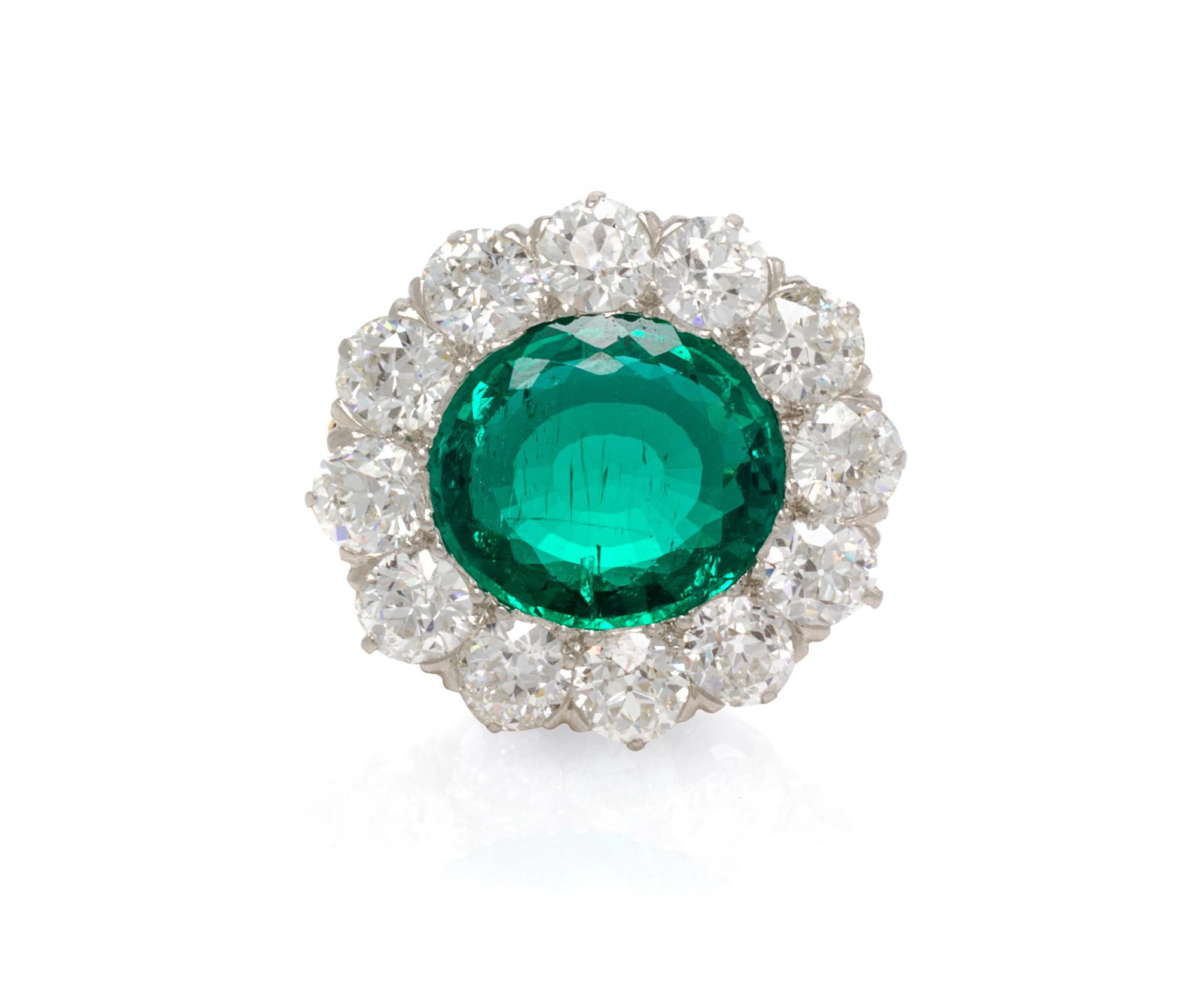A Fine Platinum, Yellow Gold, Emerald and Diamond Brooch, Tiffany & Co., Circa 1910, 5.50 dwts.