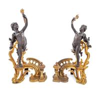 A Pair of Louis XV Style Gilt and Patinated Bronze Figural Chenets