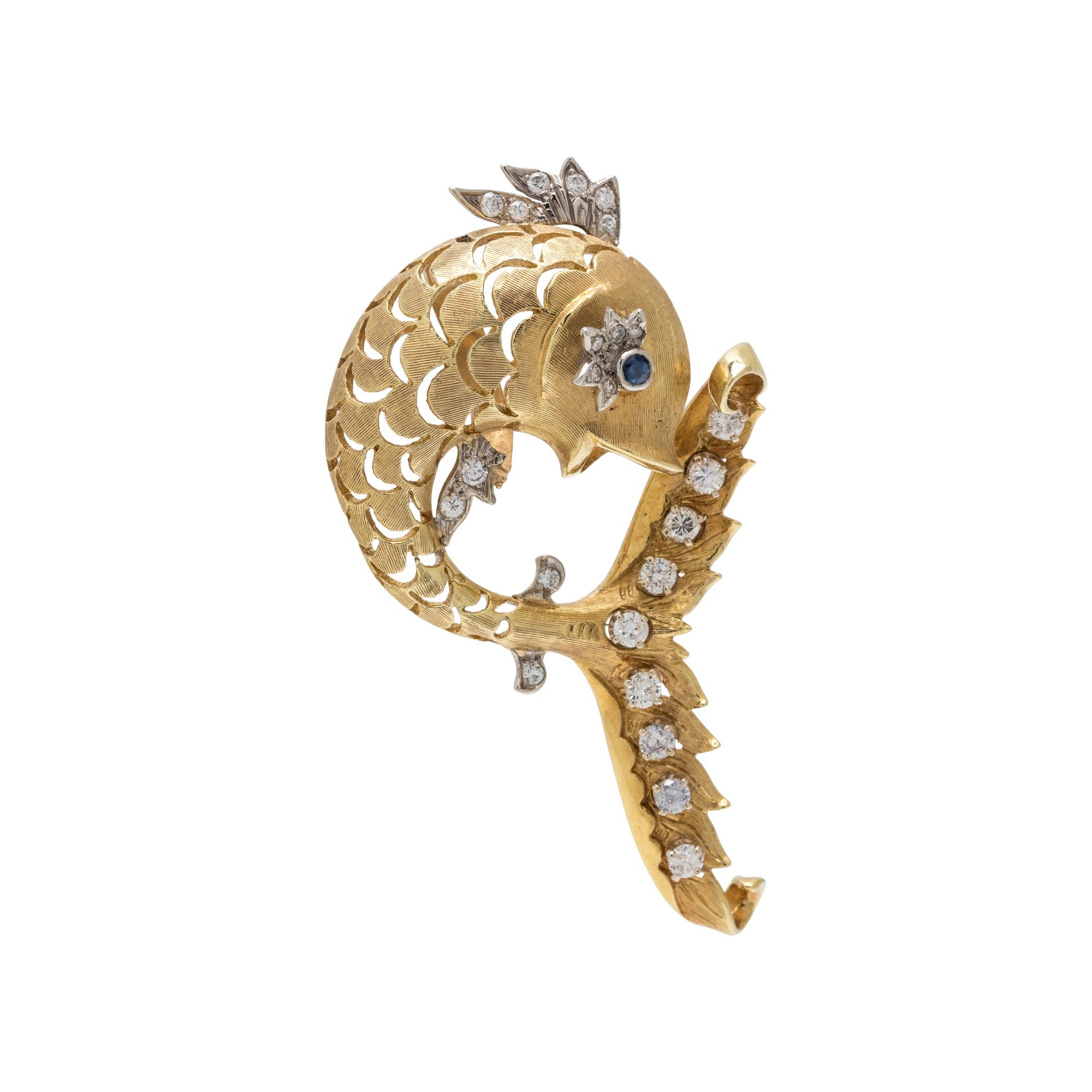 YELLOW GOLD AND DIAMOND FISH PENDANT/BROOCH