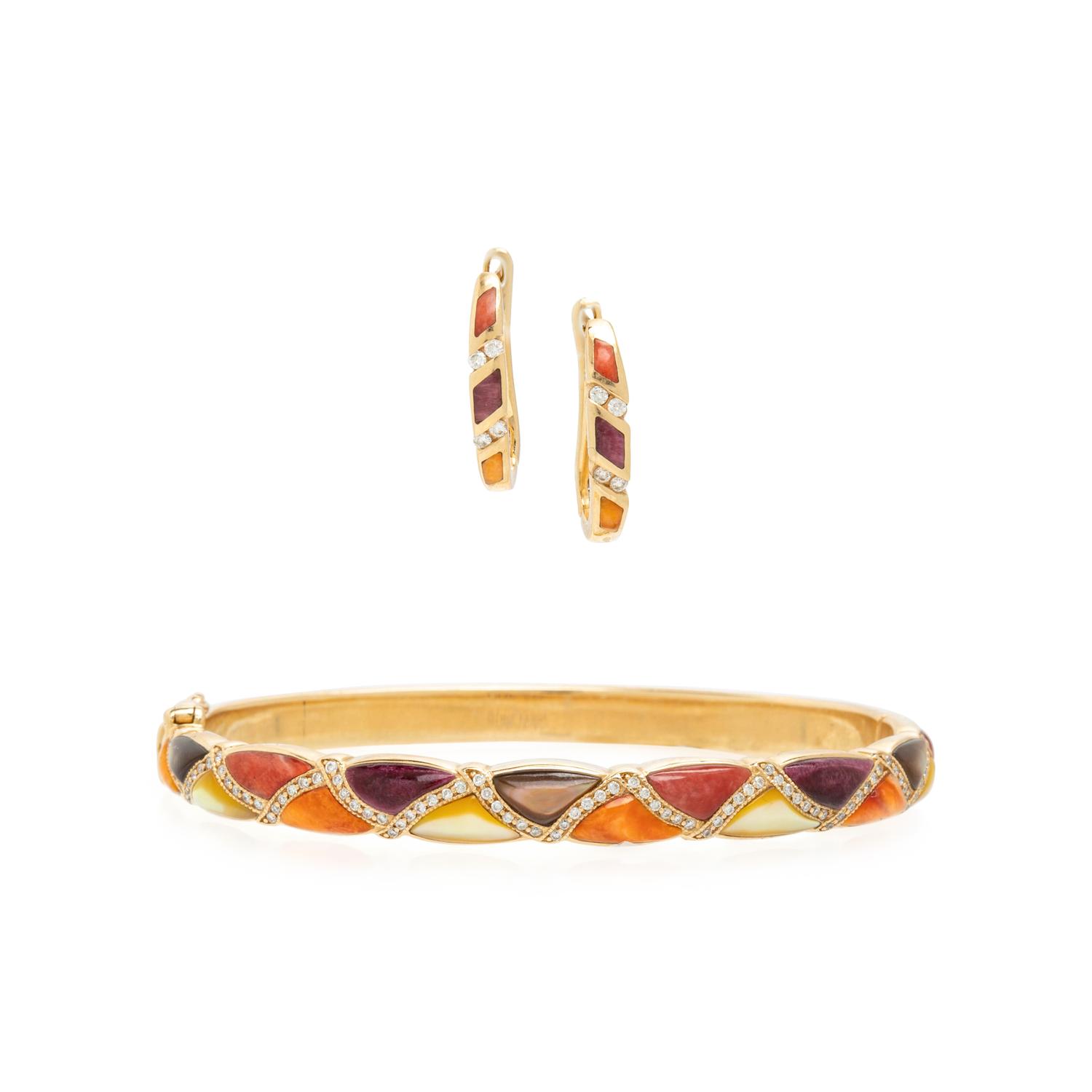 Kabana, Shell Inlay, Diamond, and Yellow Gold Bangle Bracelet and Earrings